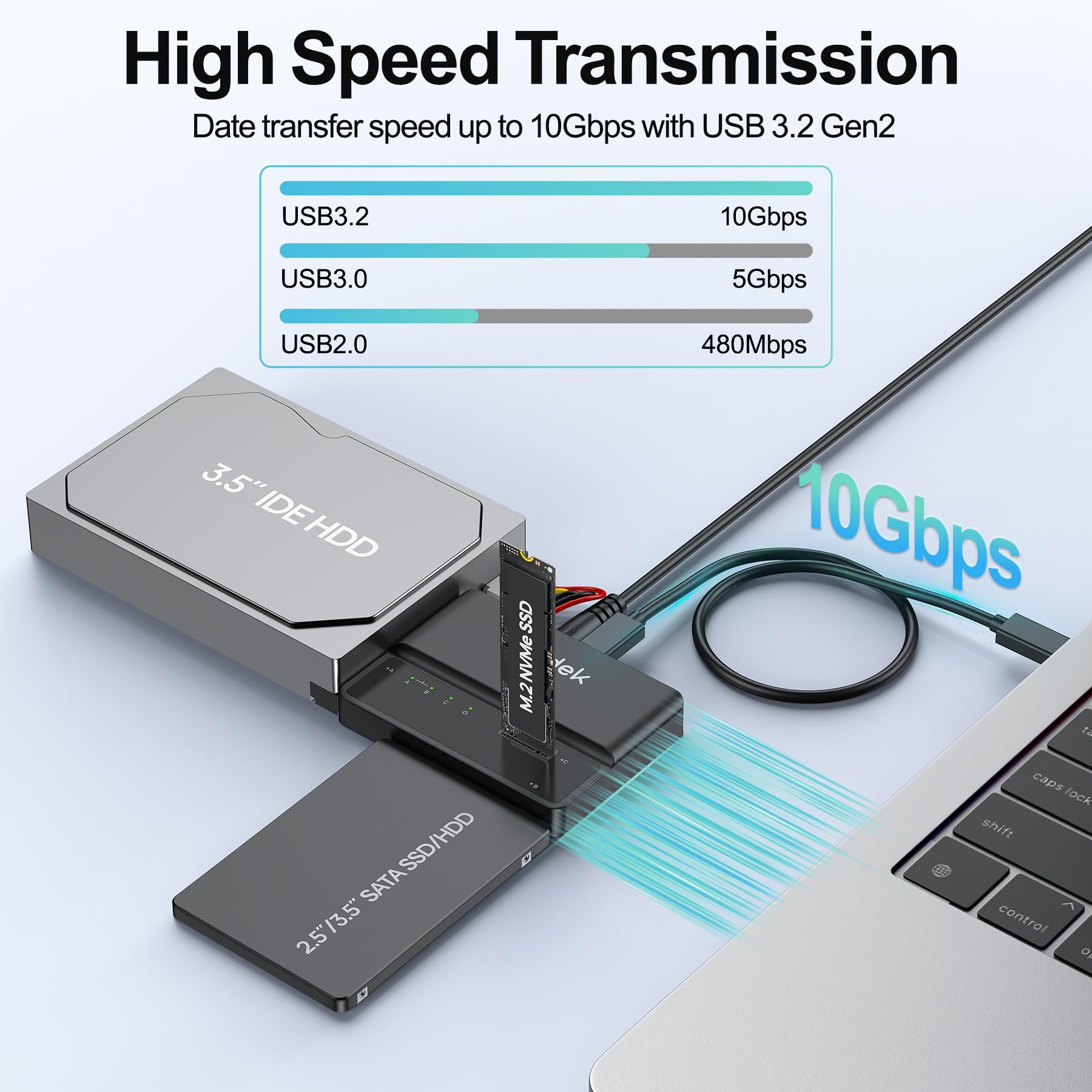 Adaptador NVMe M.2 a SATA, lector de disco duro USB de 10 Gbps, adaptador PCIe NVMe, SATA e IDE, carcasa SSD compatible con llave M y teclas M+B de cualquier tamaño SSD M.2, HDD SATA SSD de 2.5 2