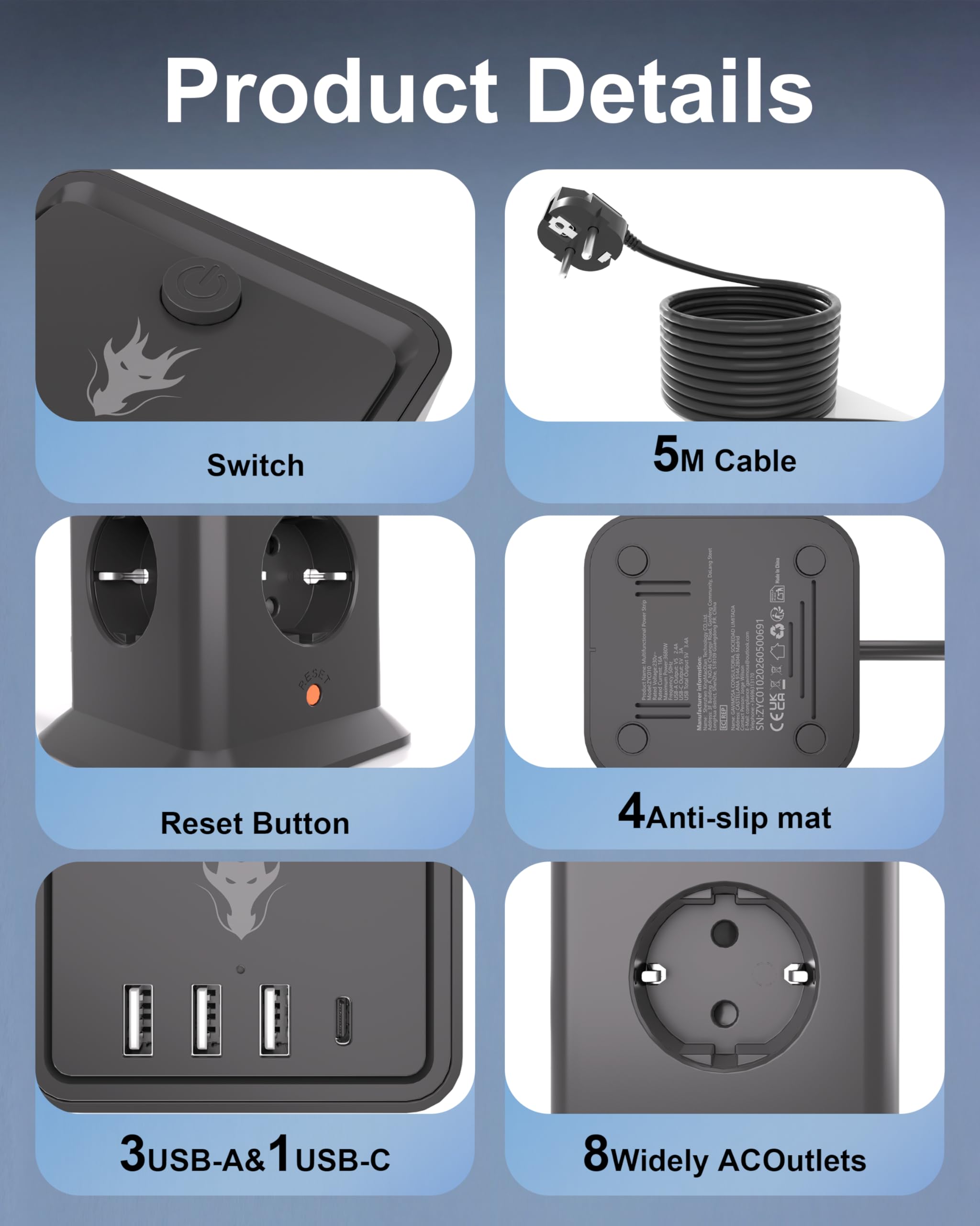 Listwa zasilająca z odgromnikiem i ochroną, 8 gniazd sieciowych i 4 portami USB (1 USB-C), 5V/3,4 A, zasilacz 3680W/16A, listwa zasilająca do biura i domu, czarna 5 m