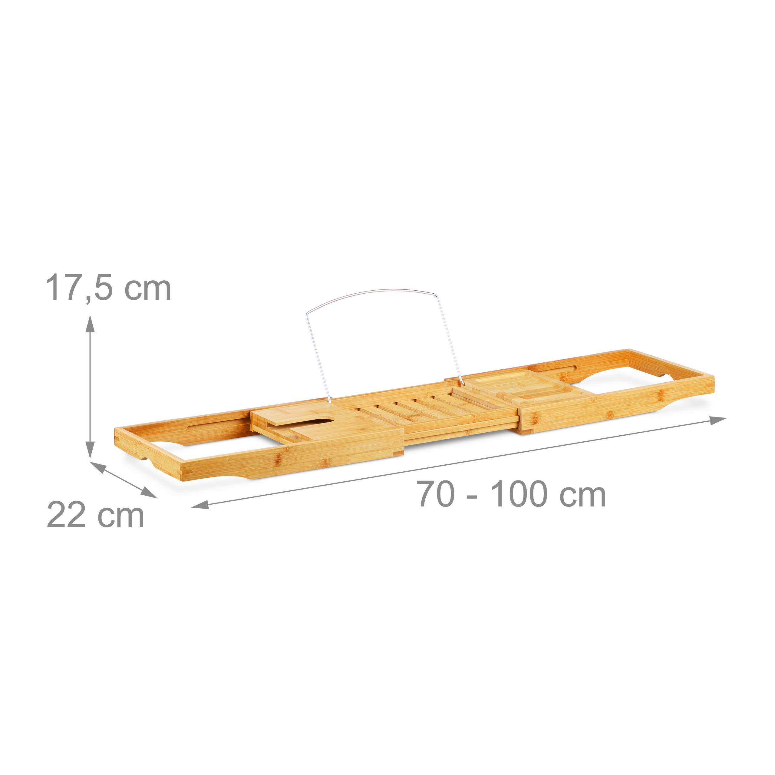 Relaxdays 10020319 Pont de baignoire extensible en bambou tablette de bain porte-savon réglable porte-HxlxP: 17-5 x 70 x 22 cm -verre- nature