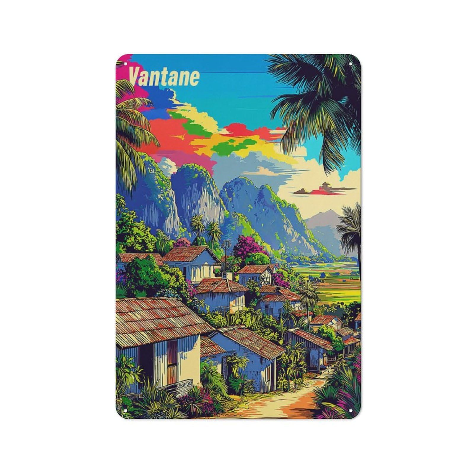Junmoney Vantane Tropical Village Paradise Metal Wall Sign 30X20cm Featuring For Café Or Restaurant, A Decorative Metal Sign For Cafés And Restaurants