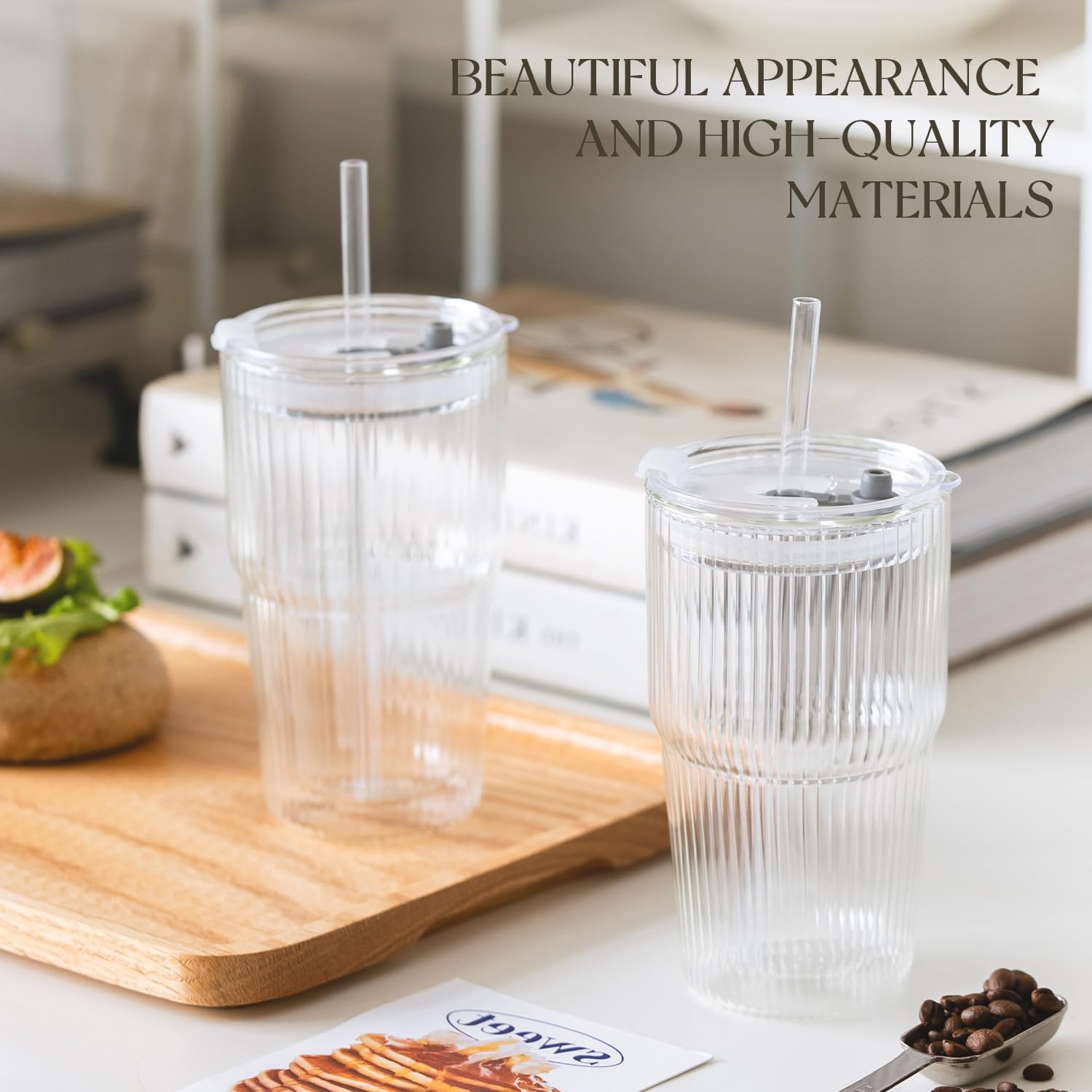 KEMORELA 16oz Ribbed Glass tumbler with Lids and Straws 2pcs,Double Wall Iced Coffee Cups with Lids,Coffee Bar Accessories, Insulated Borosilicate Glass Tumblers, To Go Coffee Cups, Spill proof - Image 7