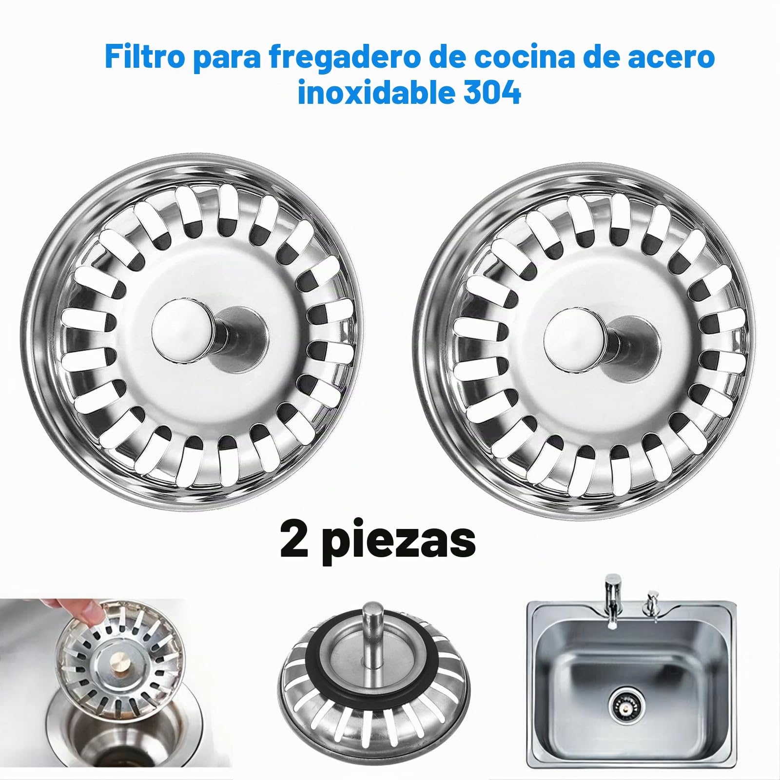 Paquete de 2 tapones coladores de fregadero de cocina, tapón de repuesto de acero inoxidable para atrapador de alimentos/pelo, diámetro del agujero del fregadero del Reino Unido 80 mm