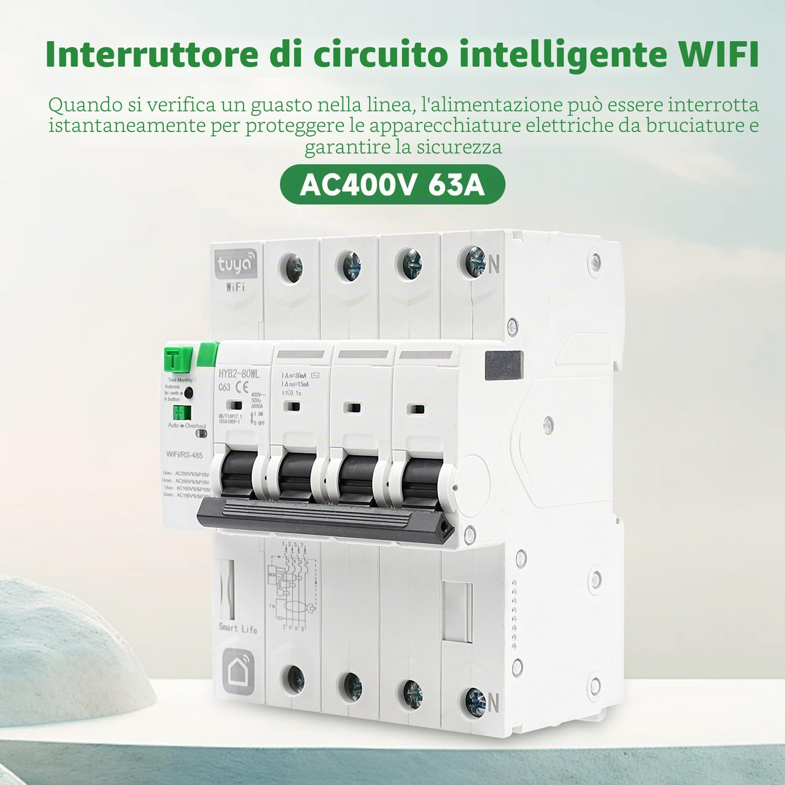 Interruttore magnetotermico differenziale wifi Salvavita 63A 4P 30ma tuya/Smart Life APP Recovery Reclosing Protezione dalle perdite richiudibile Protezione dalle perdite per sottotensione.
