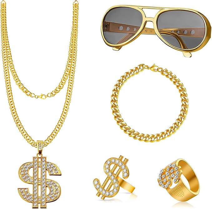 Kit Costume Hip Hop Occhiali da Sole Catena d'Oro Anni '80 / '90 Accessori Rapper (Cappello da Baseball Oro, Scatola Boom) - Giochi e Prodotti per l'Età Evolutiva