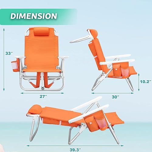 Miniatura 2 de OFIKA Paquete de 2 sillas de playa resistentes para adultos, mochila alta de respaldo alto, sillas de playa planas de 5 posiciones con