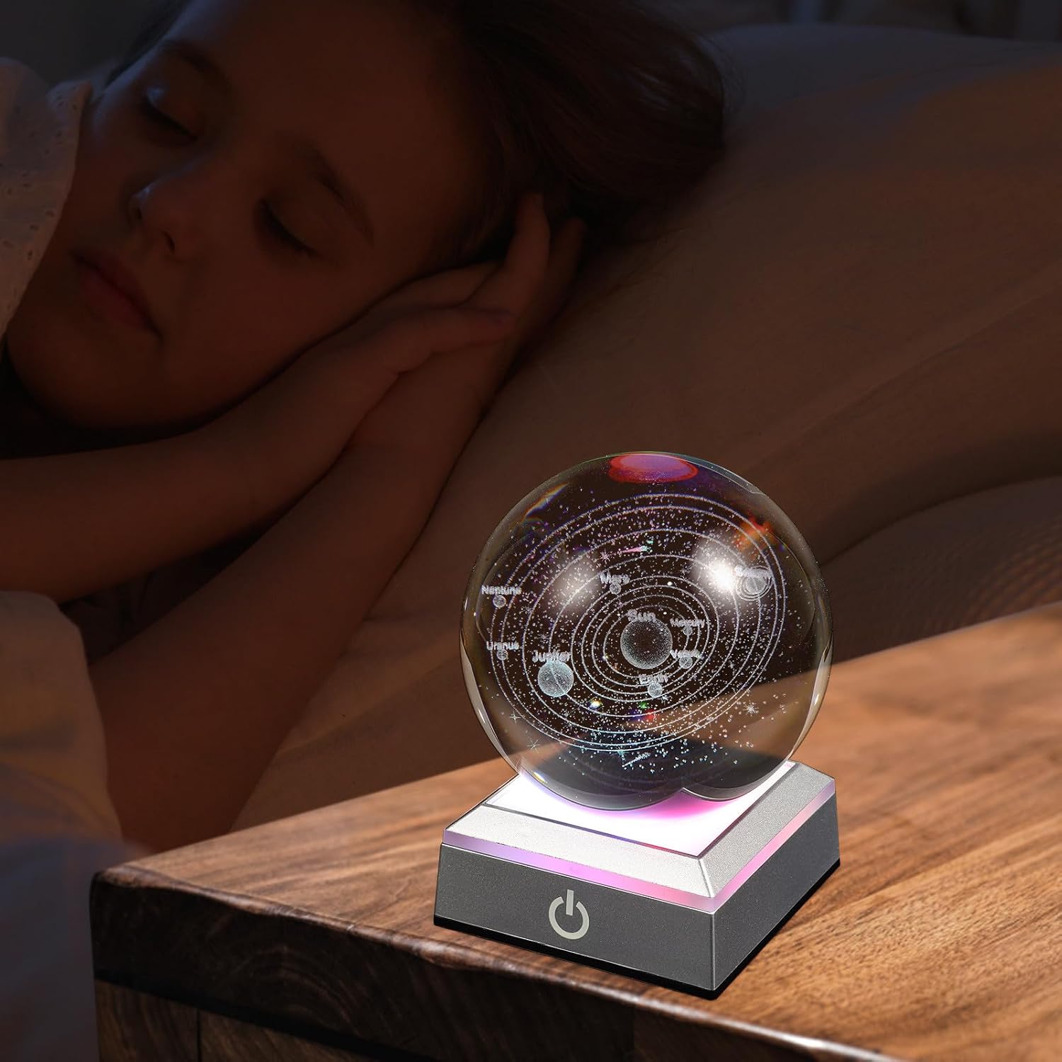Planet Crystal Ball Decorative Sphere 8cm with Adjustable LED Light Silver Base Desktop Ornament for Home Office Bedroom Décor