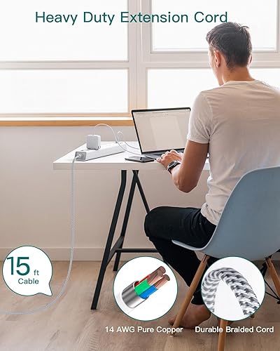 Vista 11 de Regleta protectora contra sobretensiones con USB C, cable de extensión de enchufe plano con 6 salidas de CA, 4 USB (2 USB C), montaje en pared, 5