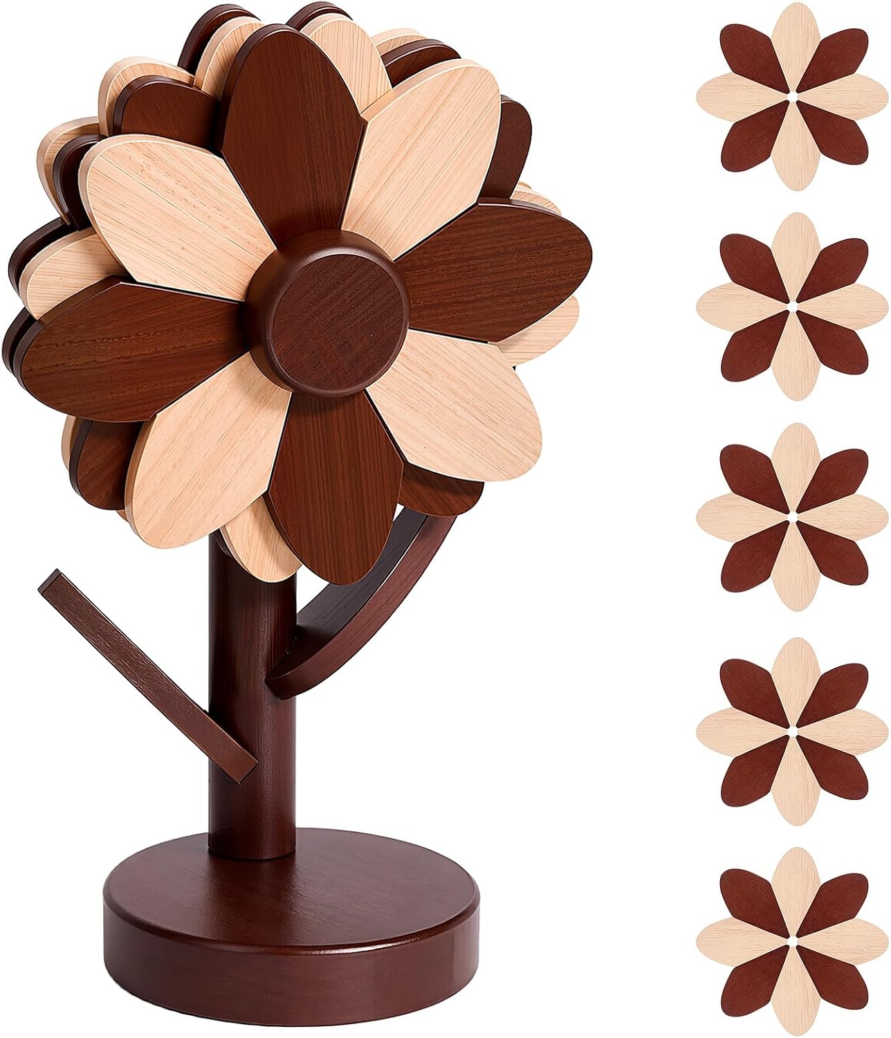 Petal-Shaped Wooden Trivets for Hot Dishes with Stand, Walnut