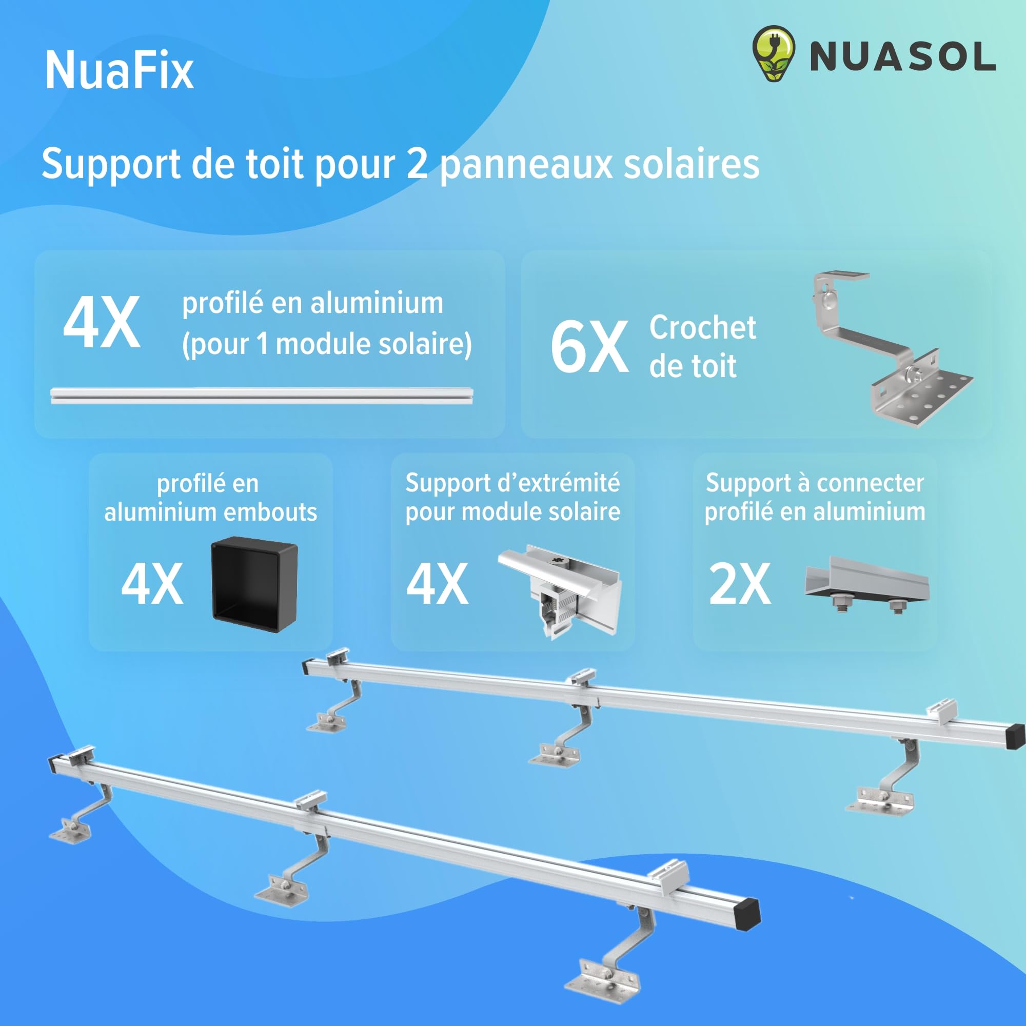 Lot de 2 crochets de toit photovoltaïques PV pour toit de tuiles - Avec profilé solaire en aluminium, embouts de 35 mm, jusqu'à 115 cm de largeur par module et 35 mm de hauteur, NS-HE-ZDM2