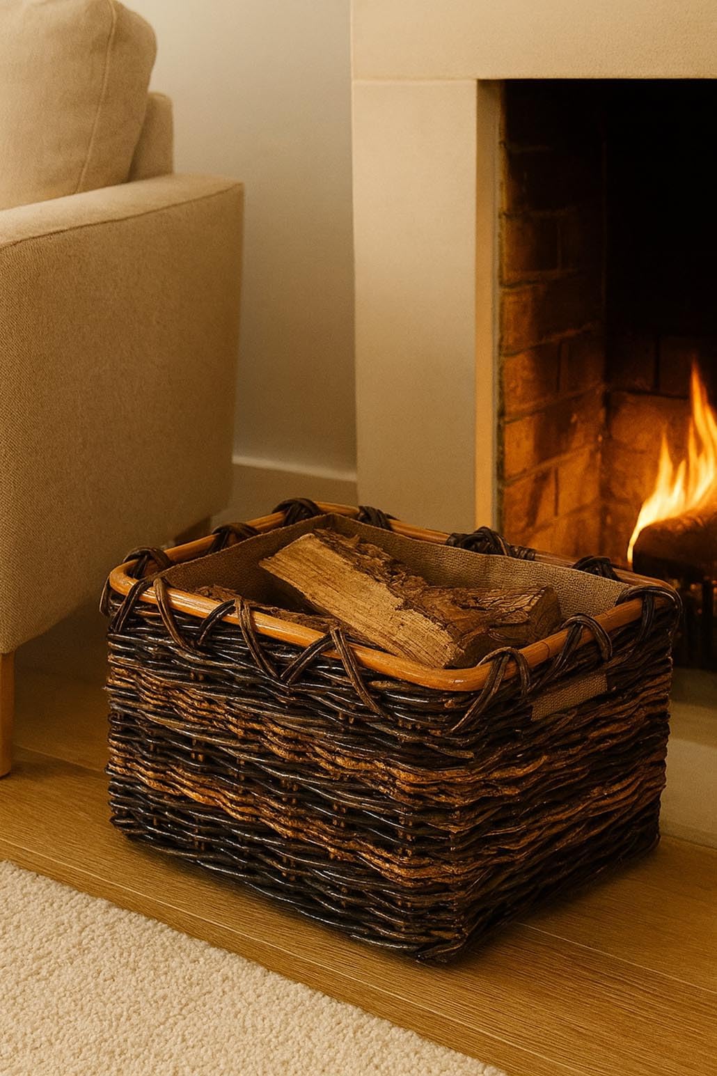 Kobolo Holzkorb aus Rattan und Bananenblatt 50x37x30 cm Braun