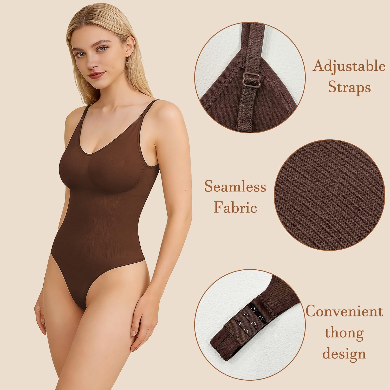 Bodysuit Shapewear for Women Tummy Control Seamless Body Suit Sculpting Snatched Waist Shaper, L-Brown Thong