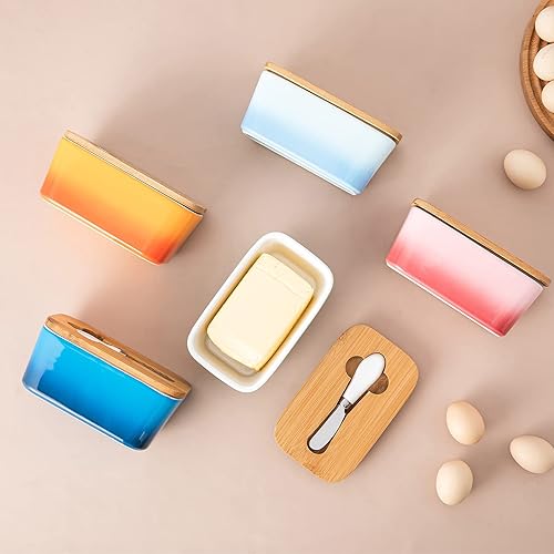 Miniatura 6 de Mantequera de porcelana con tapa de madera, manteca hermética Candiicap para encimera, soporte de mantequilla grande para mantequilla de la costa
