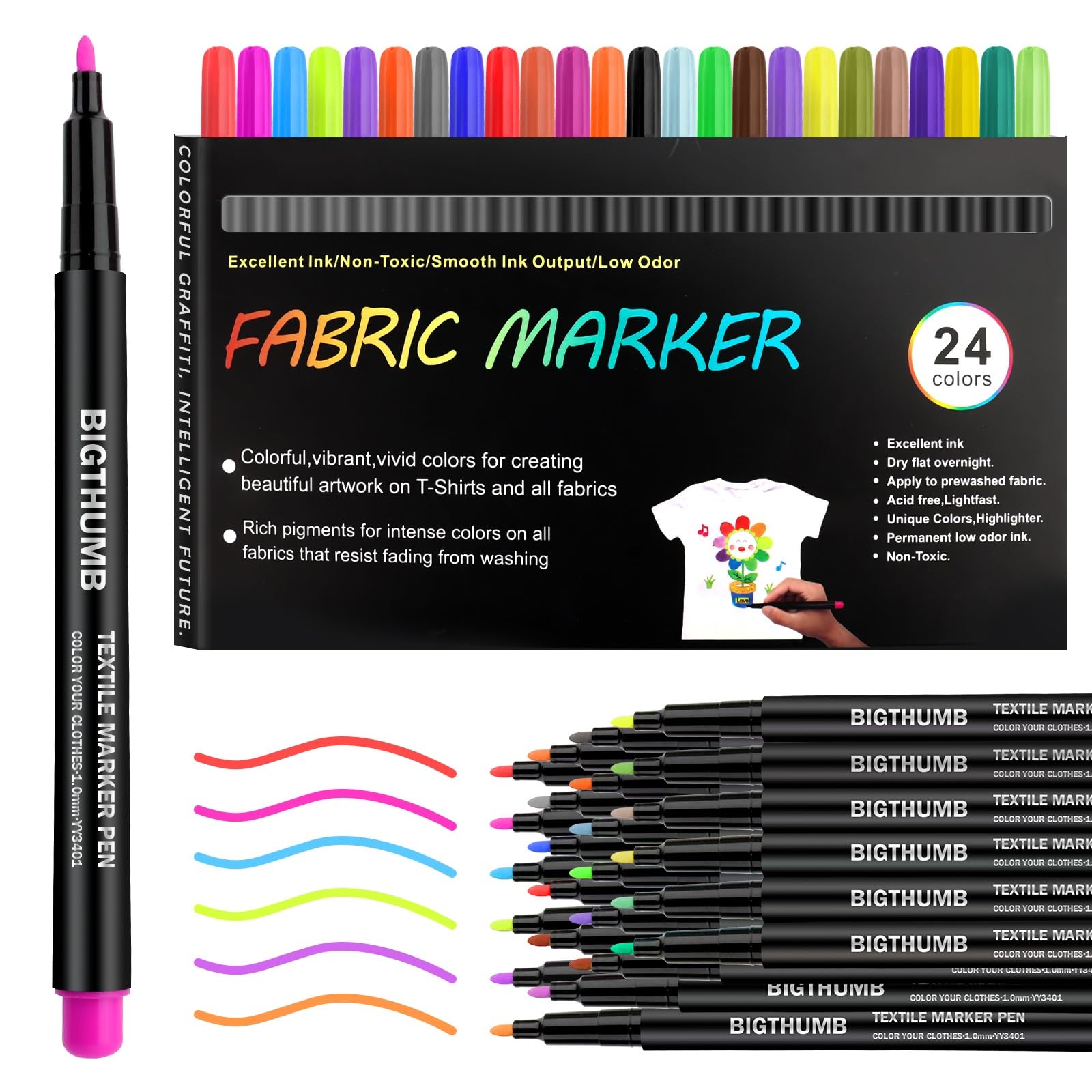 KUOFANY 24 Rotuladores Textiles, Textil Permanente No Tóxica y Indeleble, Rotuladores para Tela con Punta Fina, Pintura Textil Pintura Para Tela para Camisetas, Bolsas, Tote Bag y Otros Tejidos