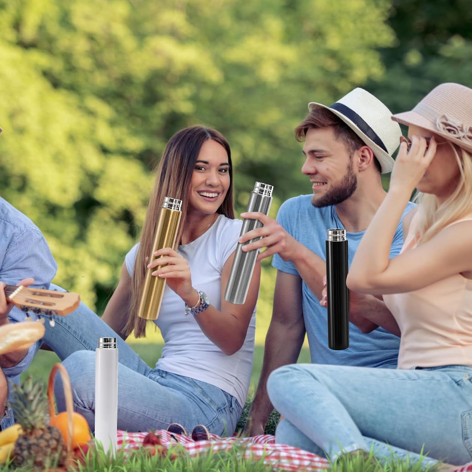 Covzoe 4 Pack Slim Insulated Water Bottles, 9.5 Oz Skinny Stainless Steel Small Water Bottles, Portable Leak Proof Sports Drink Bottle for Travel Camping, Gold Black White Silver