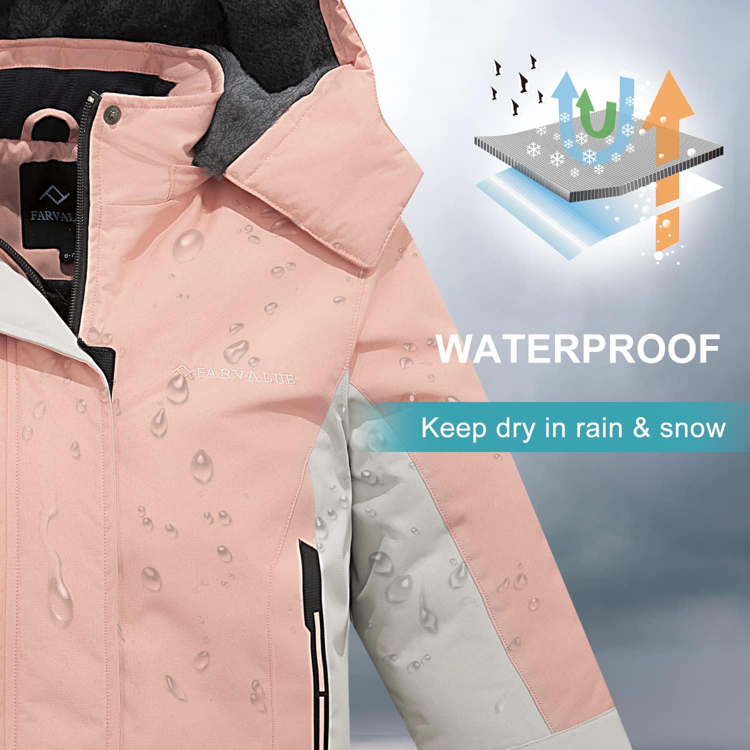FARVALUE Girls Waterproof Ski Jacket Windproof Winter Coat Warm Fleece Snow Coat Outdoor Raincoats Hooded - Image 6