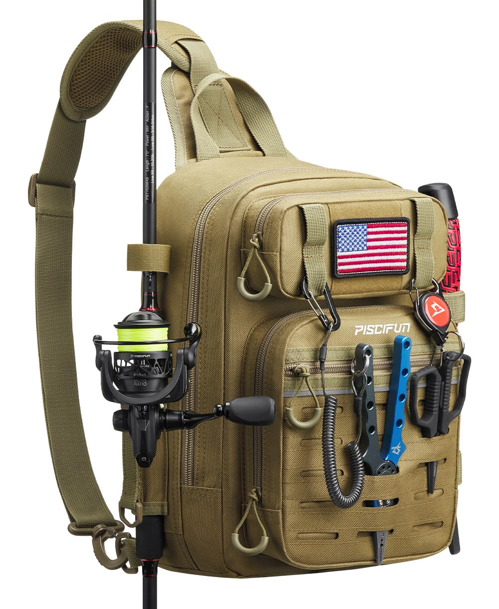 Piscifun Fishing Tackle Storage Bag Outdoor Shoulder Backpack Cross Body Sling Bag Standard(11.8 * 8.3 * 3.9inch)-Khaki