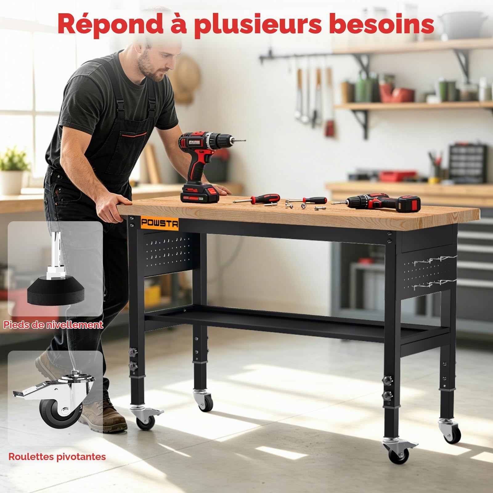 Établi Lourd de 120 cm, 5 Hauteurs Réglables, Charge 900 kg | Plateau en Bois d'Hévéa, Panneau Perforé Et Crochets, Établi Double Étage à Roulettes, pour Garage, Atelier, Bureau