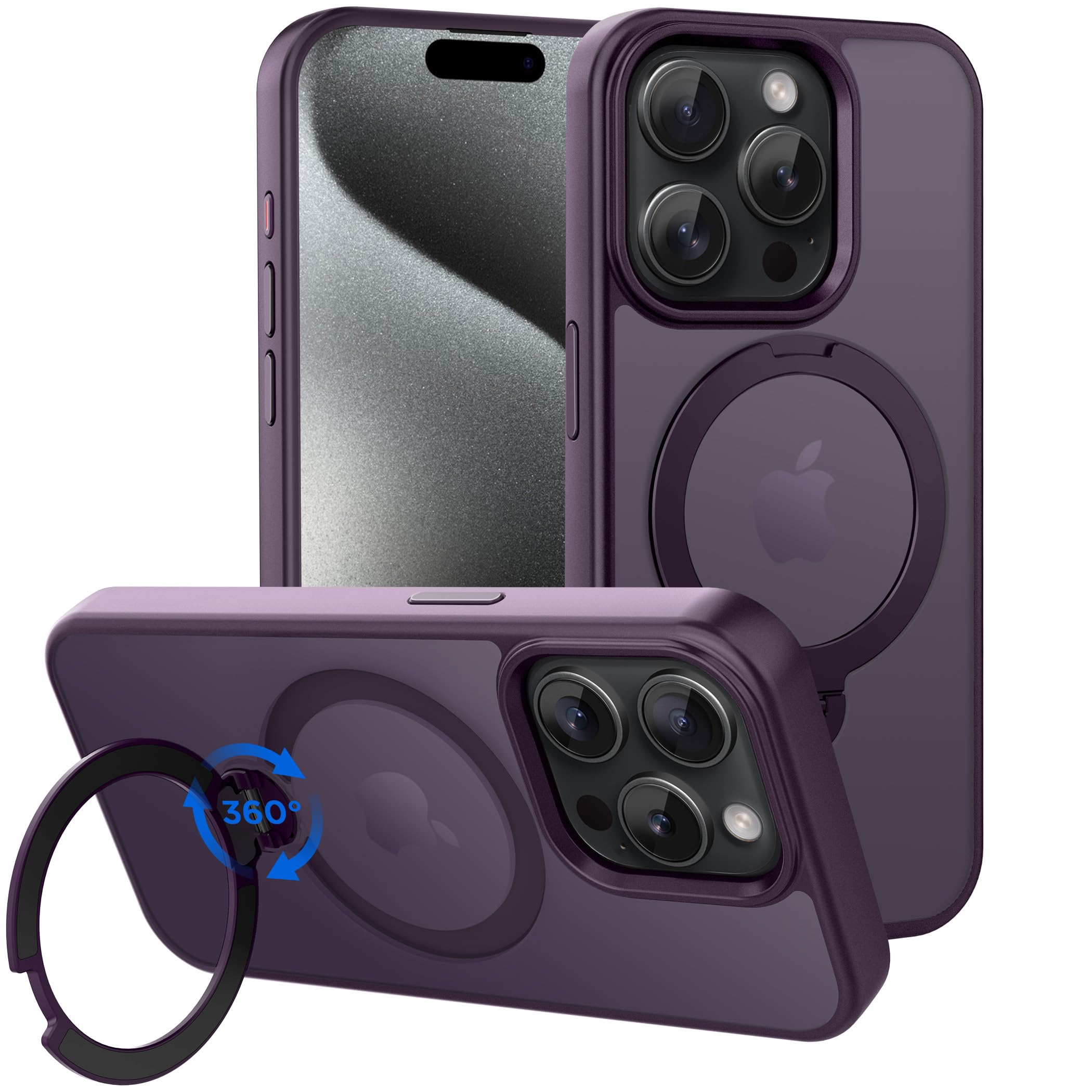 CACOE Magnetic Case for iPhone 15 Pro with Stand, Compatible with MagSafe | 360 Rotatable Ring Stand, Compatible with MagSafe, Car Phone Mount, Phone