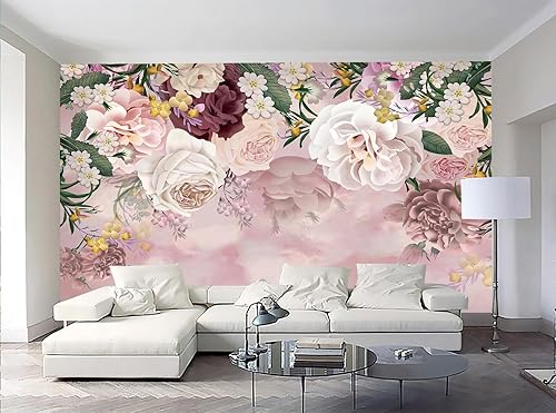 Miniatura 2 de Mural de pared de flores, papel tapiz 3D de peonía rosa y beige para baño, sala de estar, dormitorio, 155 x 103 pulgadas (no se pega ni se pega)
