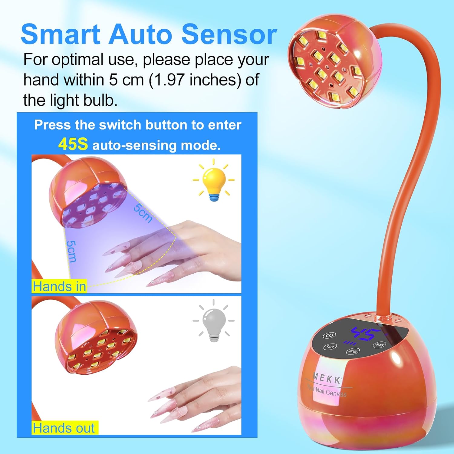 MEKK Gooseneck Flash Cure Nail Lamp, 36W Mini UV Light for Gel Nails | Cordless,Auto Sensor, 4 Timers (10/30/60/90s), Single Nail Detail Work, Portable, flower Design, Salon & Home,Glazed Orange