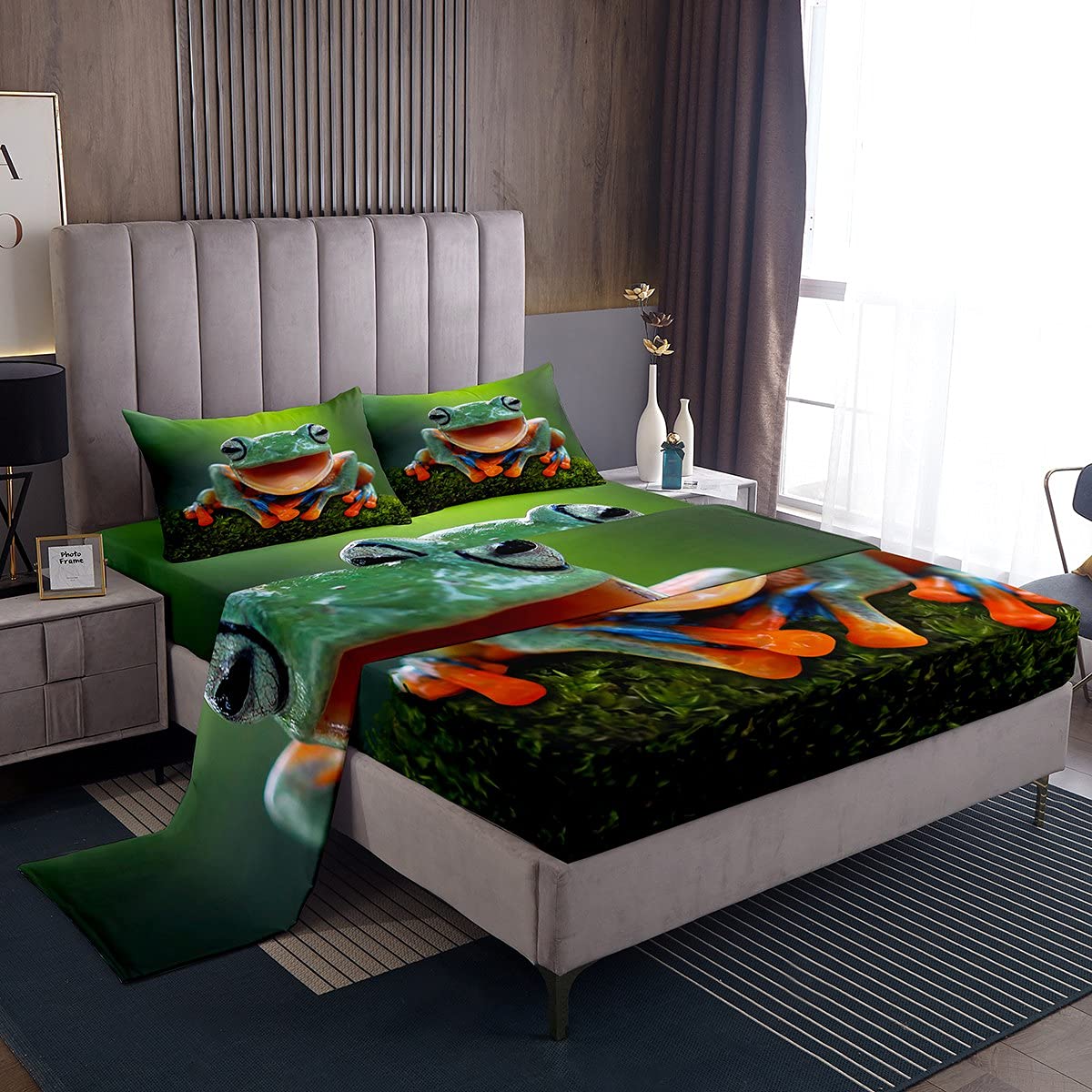 Frog Bedding Sheets Tropical Amphibian Bed Sheet Set Kids Boys 3D Animal Bedding Fitted Sheet Tropical Nature Decor Bed Cover Bedroom Collection with 1 Flat Sheet+1 Fitted Sheet+ 2 Pillowcase Full