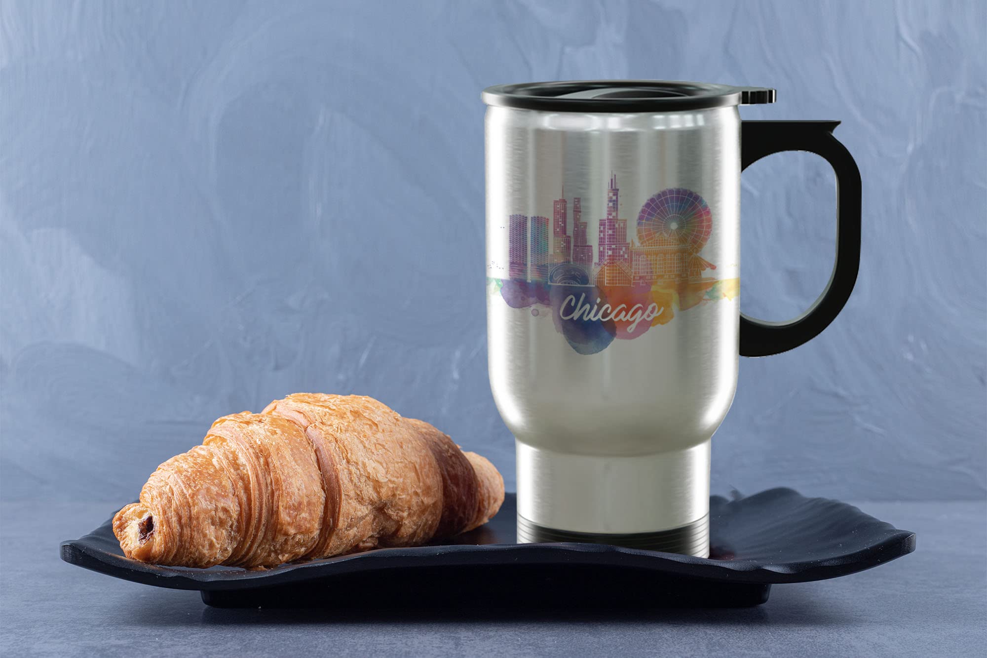 Chicago Illinois Coffee Mug , Illinois Black Ceramic Mug , Illinois Wine Tumbler with Lid , Illinois Coffee Mug , Illinois Stainless Steel Travel Mug (Chicago City Watercolor, 14oz Travel Mug Steel)