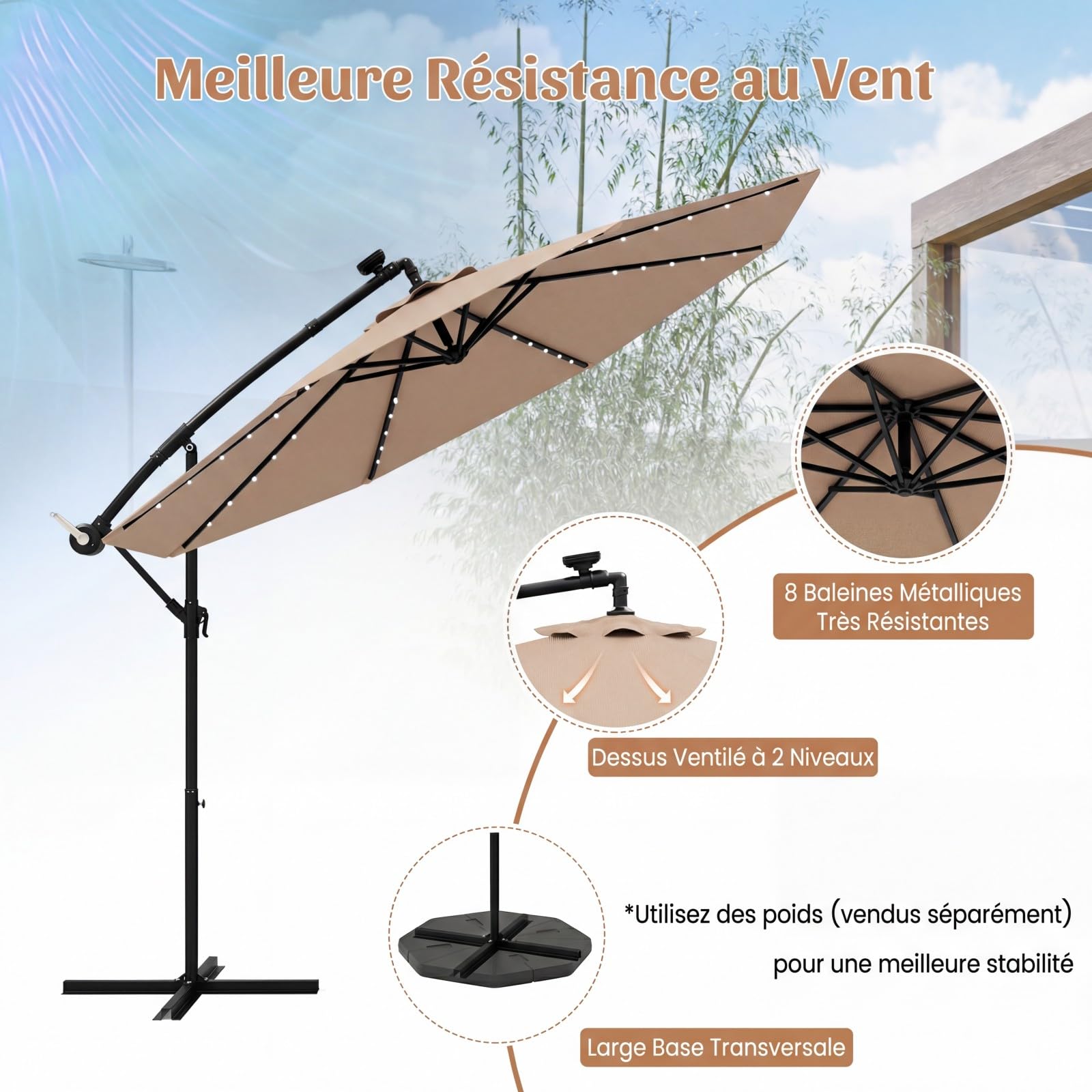 RELAX4LIFE Parasol Déporté Φ300 cm avec LED Inclinable 35° (Marron)