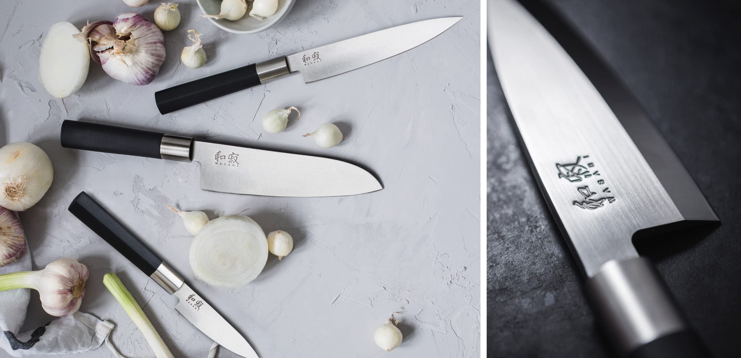 KAI Wasabi Black Steakmesser 67S-400 12cm - Angebotsset 4-teilig - Die erste Wahl für Steakliebhaber & Profi-Köche + 100% handgefertigtes Schneidebrett Unikat aus Eiche 30x22cm