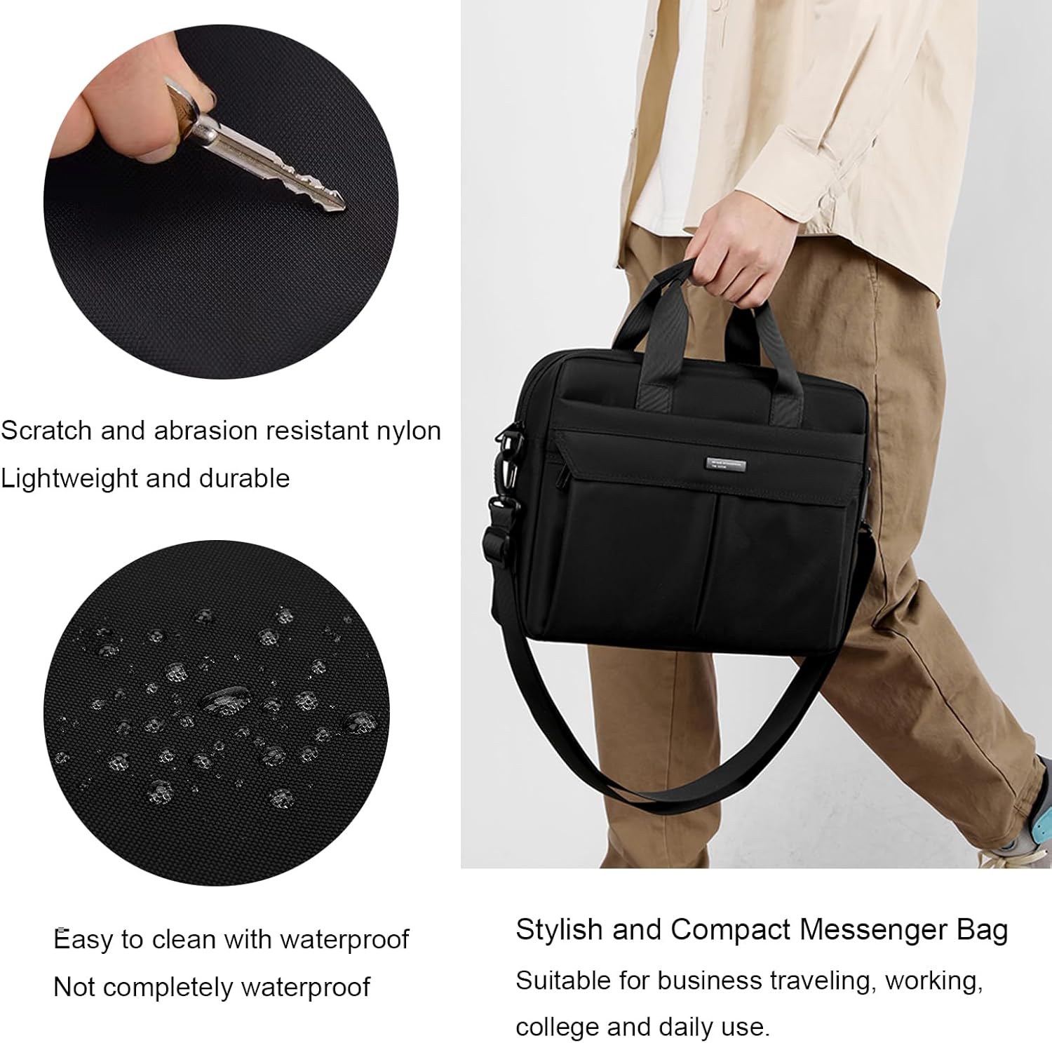 natyrlpog Laptop Bag 14 Inch Briefcase for Men Women Waterproof Nylon Lightweight Compact, Shoulder Messenger Handbag for Business Office Work Travel College Black