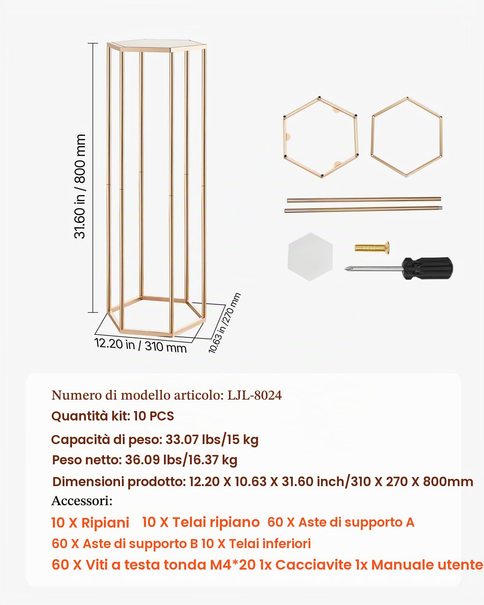 VEVOR Portafiori da Matrimonio 10 Pezzi da 80 cm, Cubico Esagonale con Laminato Acrilico, Espositore Floreale Cubico Cilindrico per Matrimoni, Feste, Compleanni, Casa, Centrotavola Oro Francese