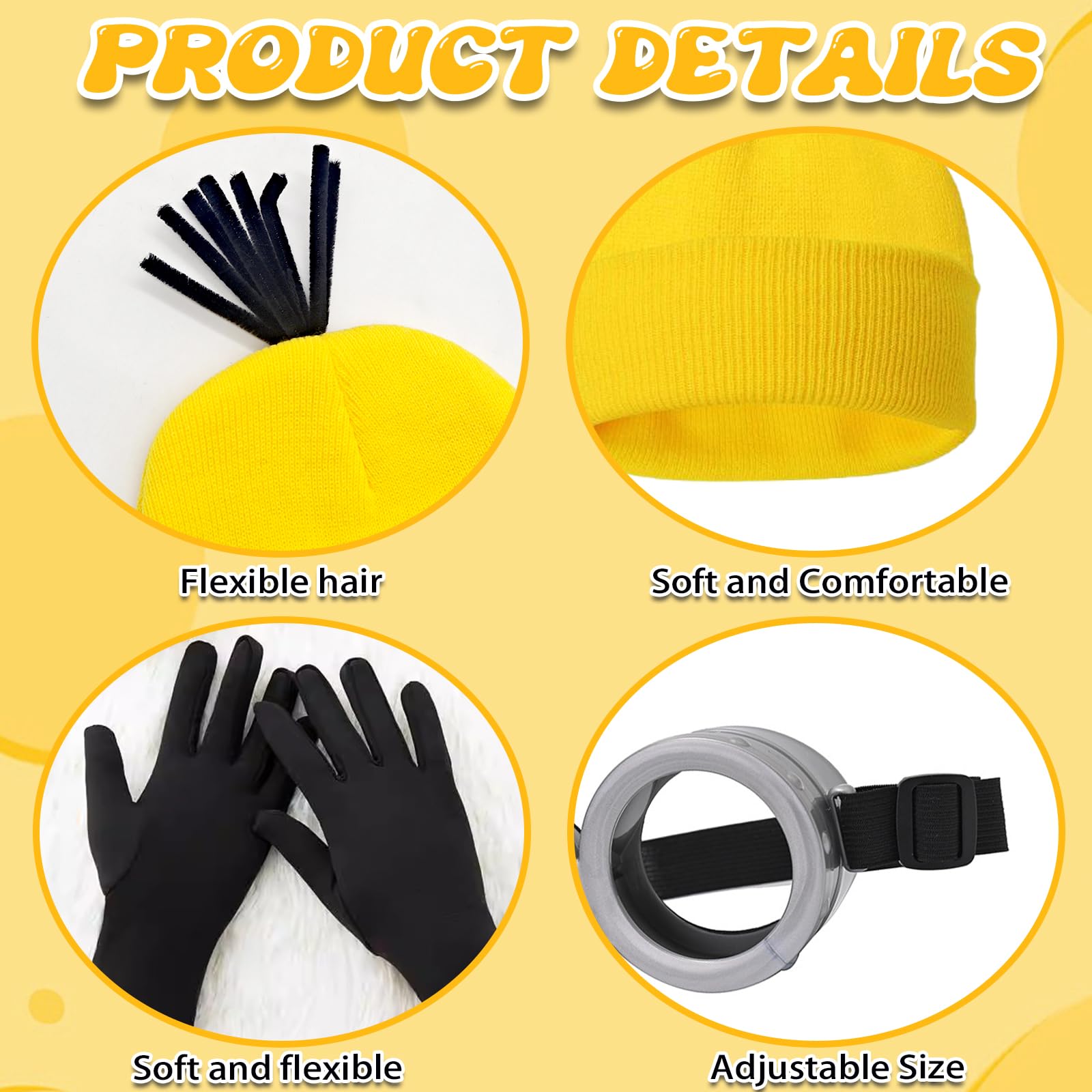 Double Suit Yellow Costume Accessories Set, Yellow Beanie, Goggles & Black Gloves, Perfect for Halloween Parties, Fancy Dress - Image 3