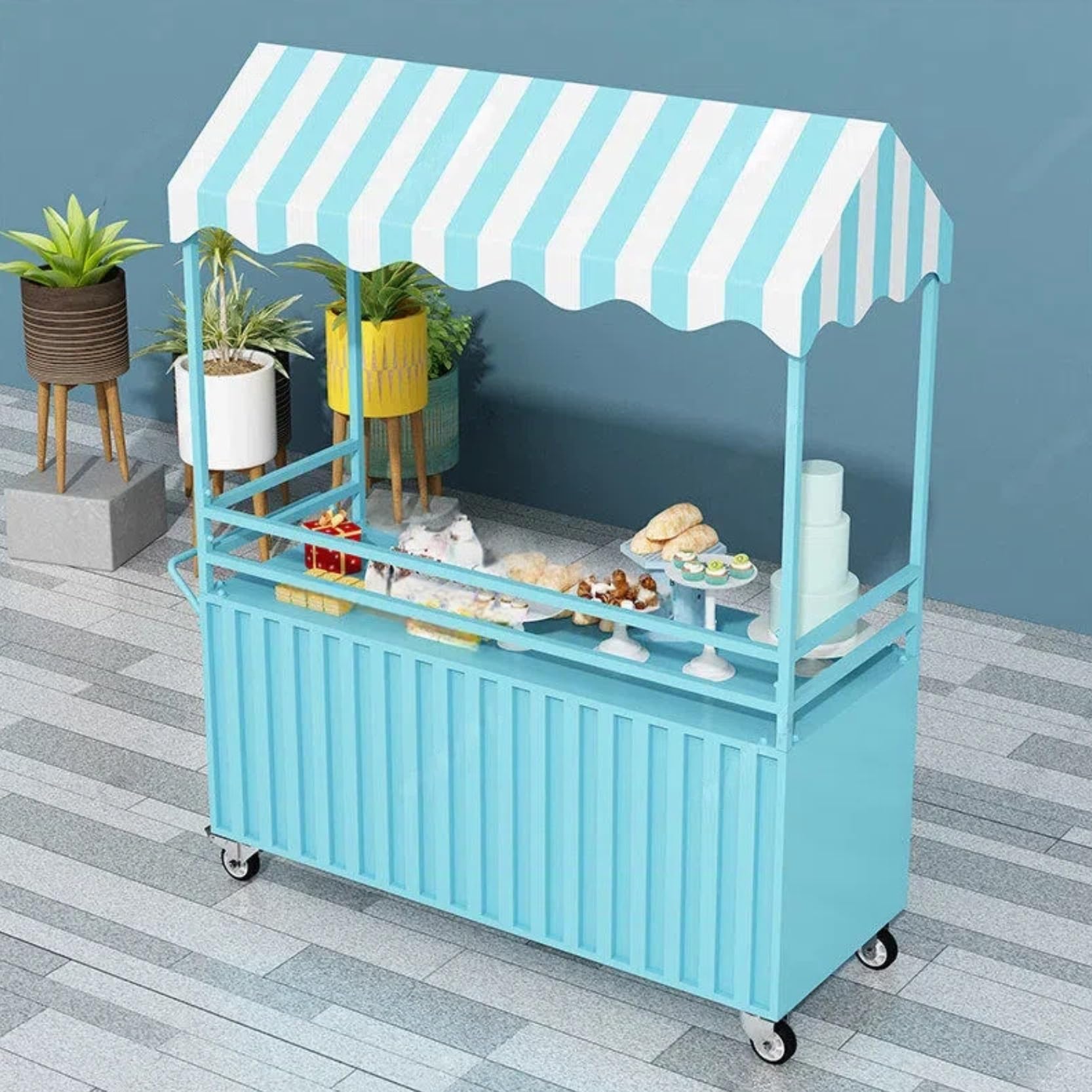 Carro de Venta Ambulante con toldo a Rayas, Expositor de Alimentos portátil con Ruedas con Freno, Carro Comercial para mercados y Eventos(Blauw,100cm/39.3in)