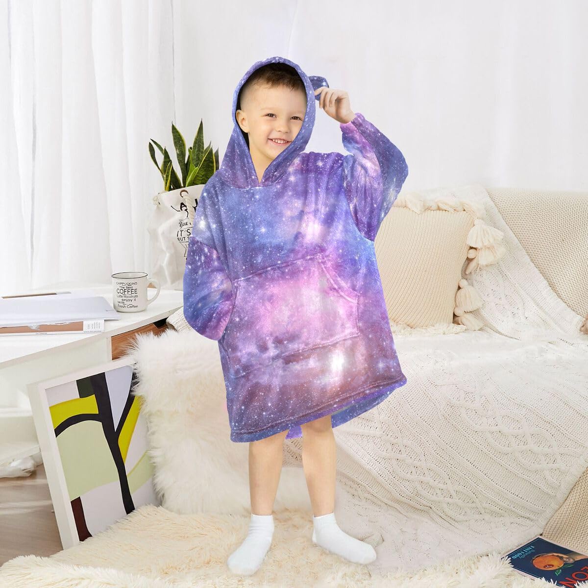 Galaxy Planets Stars Dziecięcy koc do noszenia z kapturem, oversize, bluza, koc, fioletowy, mgławica, dla chłopców i dziewcząt w wieku 3-14 lat