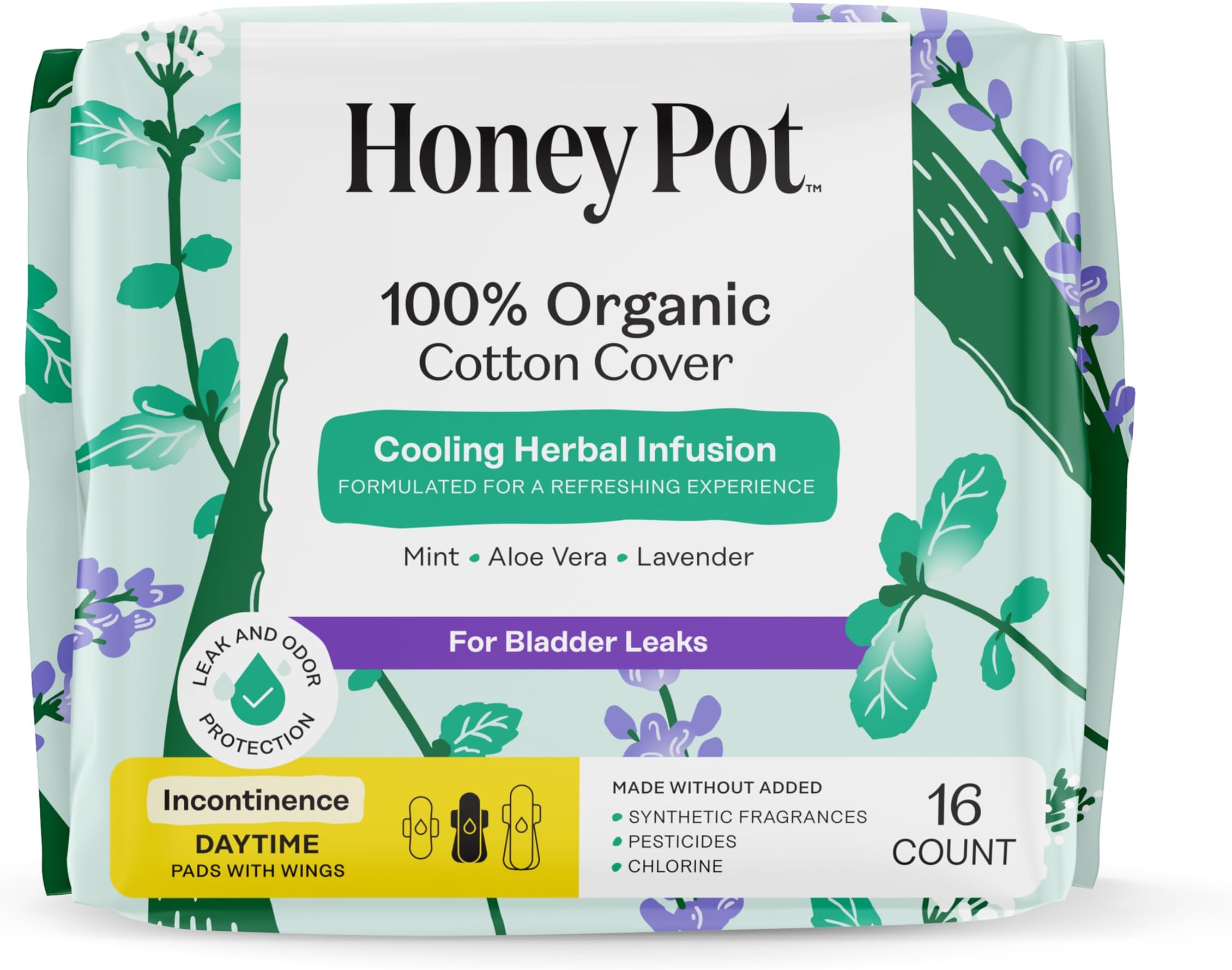 The Honey Pot Company - Herbal Pads for Women - Organic Incontinence Daytime w/Wings. Infused w/Essential Oils for Cooling Effect & Postpartum Essentials - Feminine Care - 16ct.
