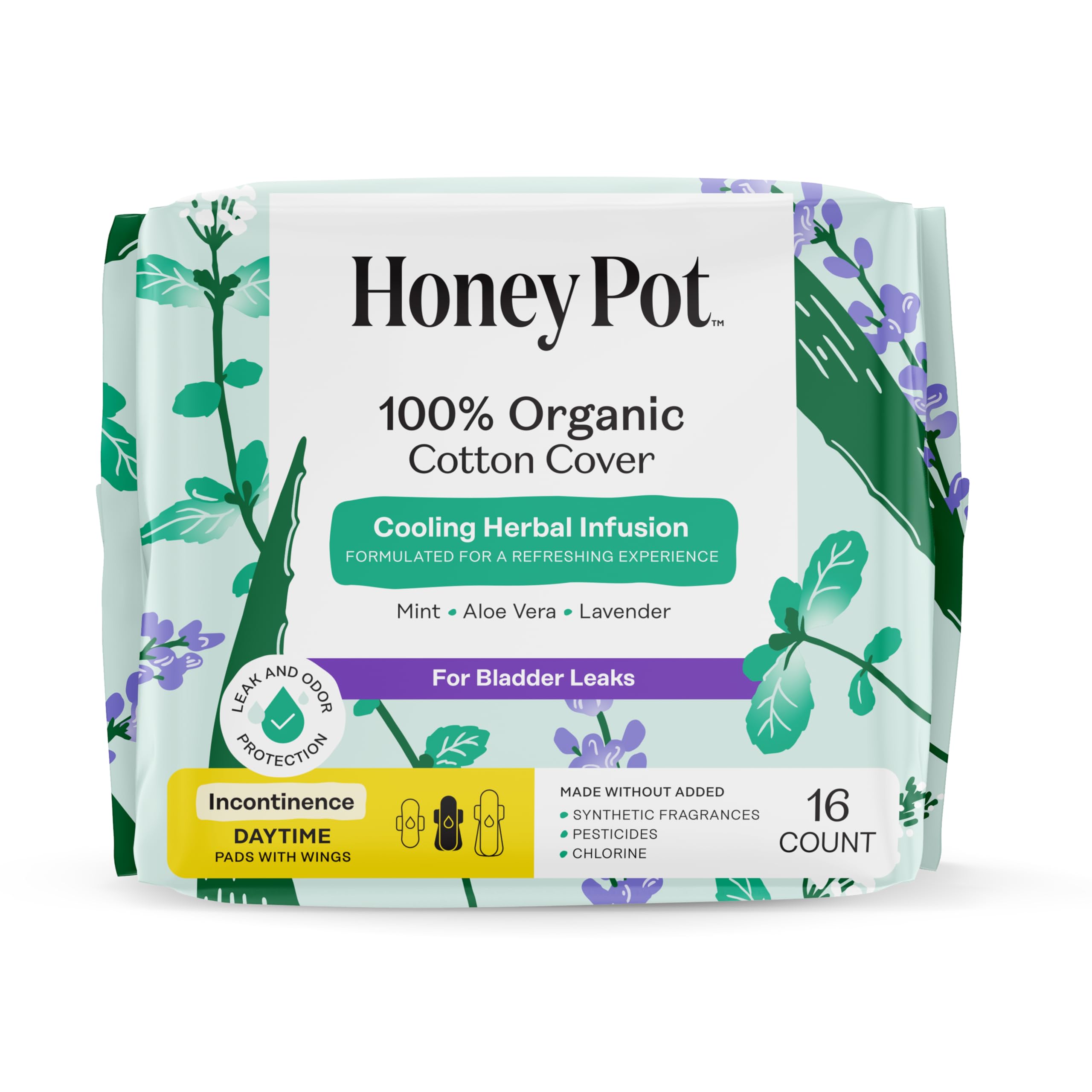 The Honey Pot Company - Herbal Pads for Women - Organic Incontinence Daytime w/Wings. Infused w/Essential Oils for Cooling Effect & Postpartum Essentials - Feminine Care - 16ct.