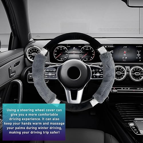 Miniatura 10 de Suvnie Funda mullida para volante de automóvil con diamantes de imitación, cómoda funda antideslizante para volante de lana sintética, protector