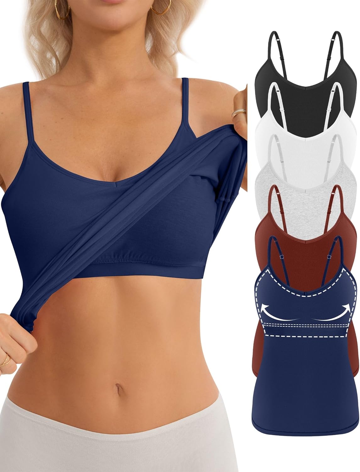 5 Pack Women Cotton Camisole with Shelf Bra V Neck Cami Basic Undershirts Adjustable Spaghetti Strap Tank Top