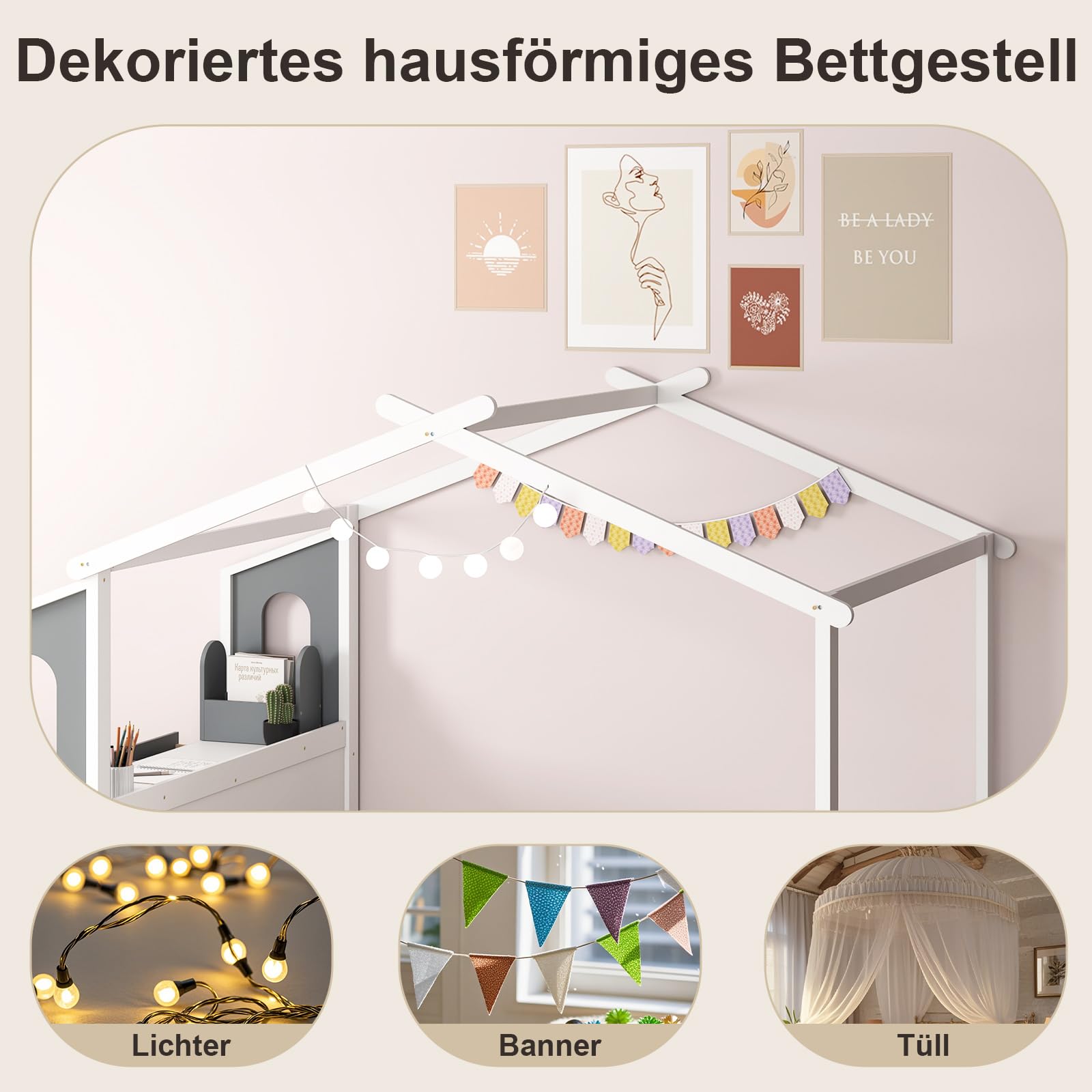 COSTWAY Hausbett mit Schreibtisch 140x200 cm, Kinderbett mit Lattenrost, Schreibtisch mit Aufbewahrungsbox, Schubladen und Haken, Jugendbett, Holzbett für Kinder, Weiß