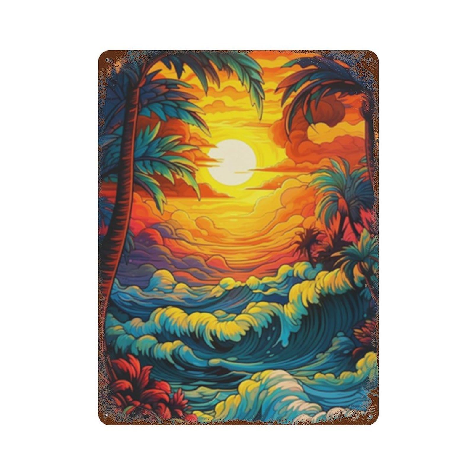 Tropical Sunset Palm Trees Rust Effect Tin Sign 15.7"x11.8", Decorative Metal Wall Art for Living Room, Hallway And Home Decor