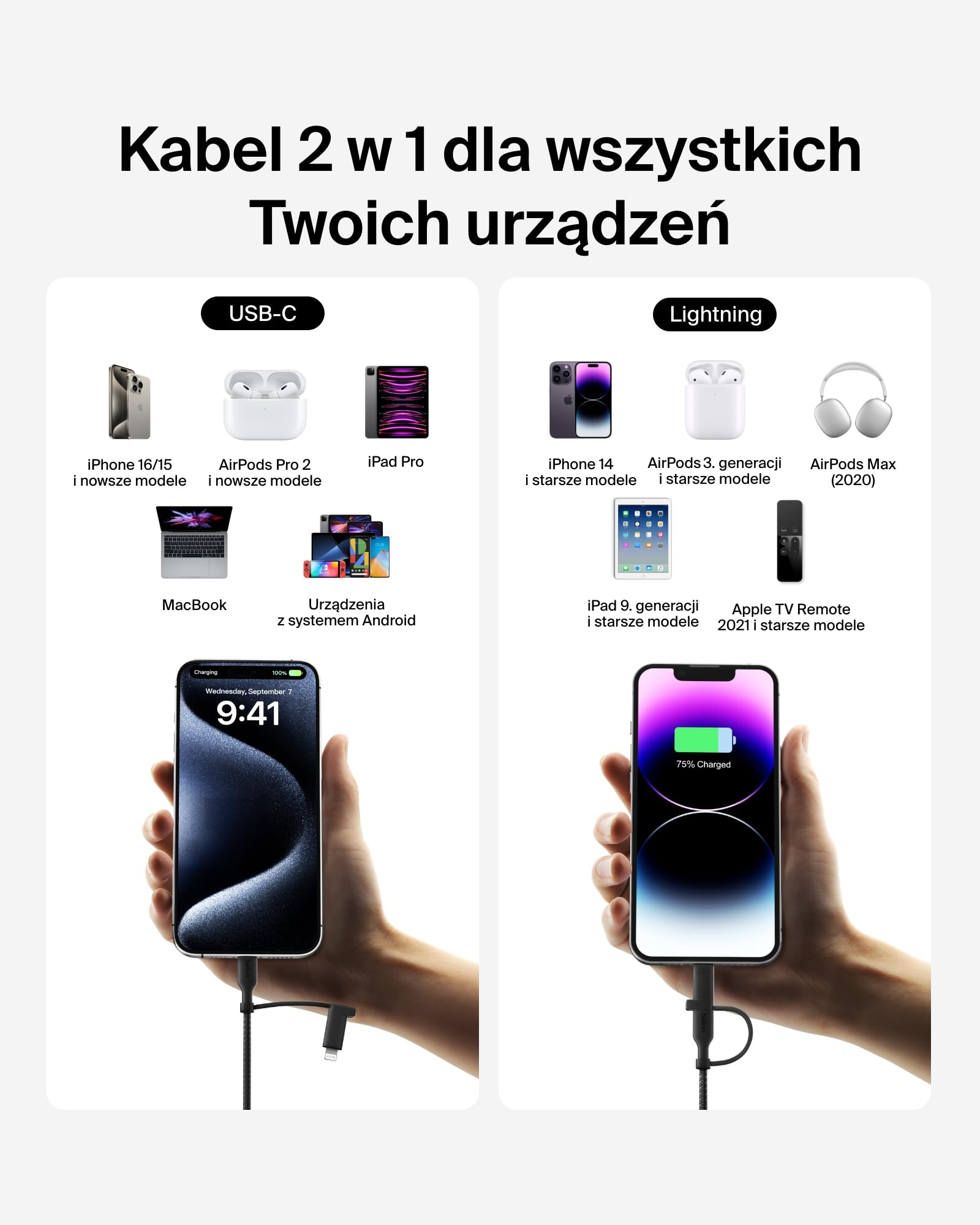 Belkin kabel do ładowania 2 w 1 ze złączami USB-C i Lightning – kabel w oplocie do szybkiego ładowania z USB-C na USB-C i Lightning, do ładowania urządzeń Apple iPhone, iPad, Samsung i innych – czarny