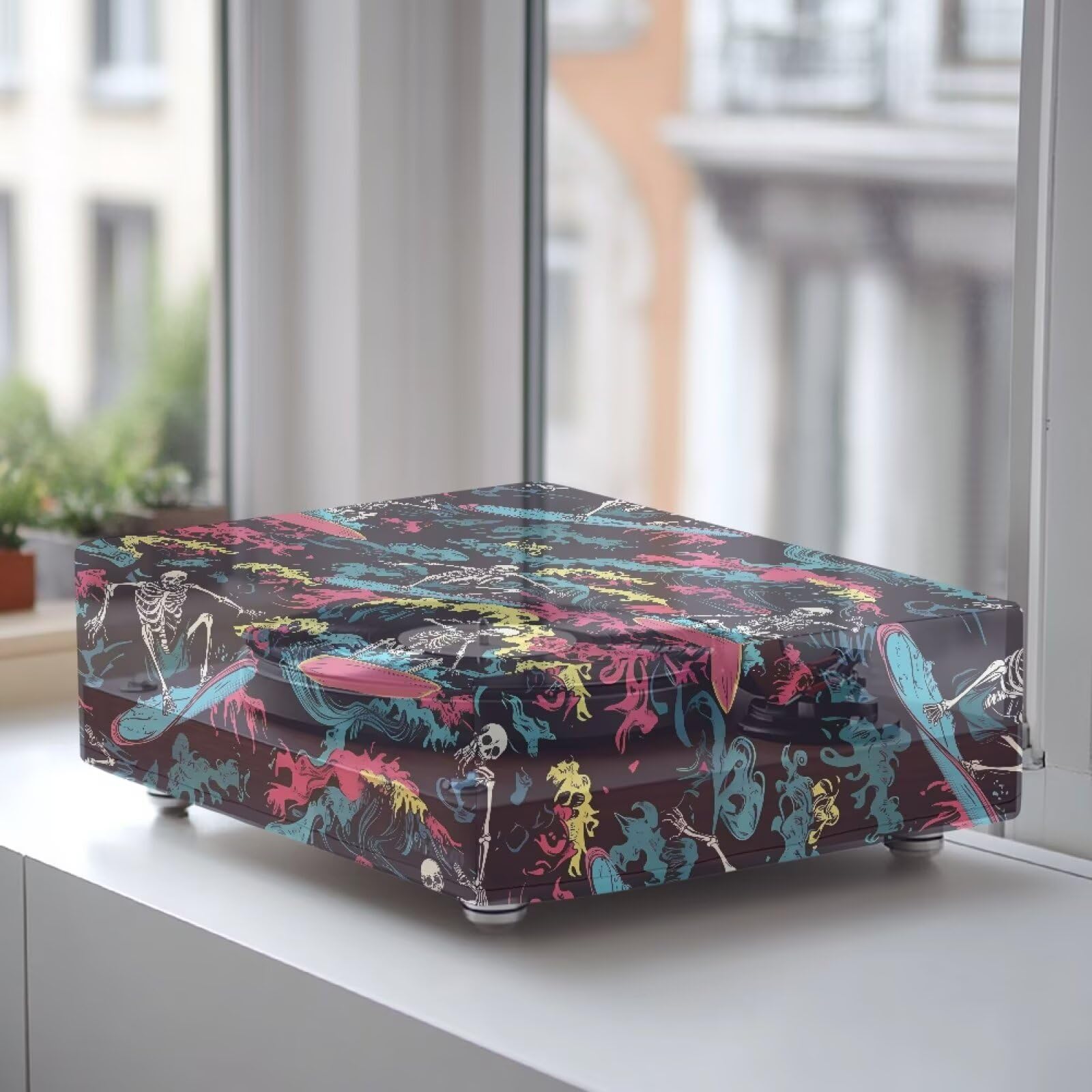 Qehuruxo Record Player Dust Cover Skull Surf Compatible with SL-Q300/SL-B250/SL-B260 – Waterproof, Scratch-Resistant & Foldable Turntable Protector