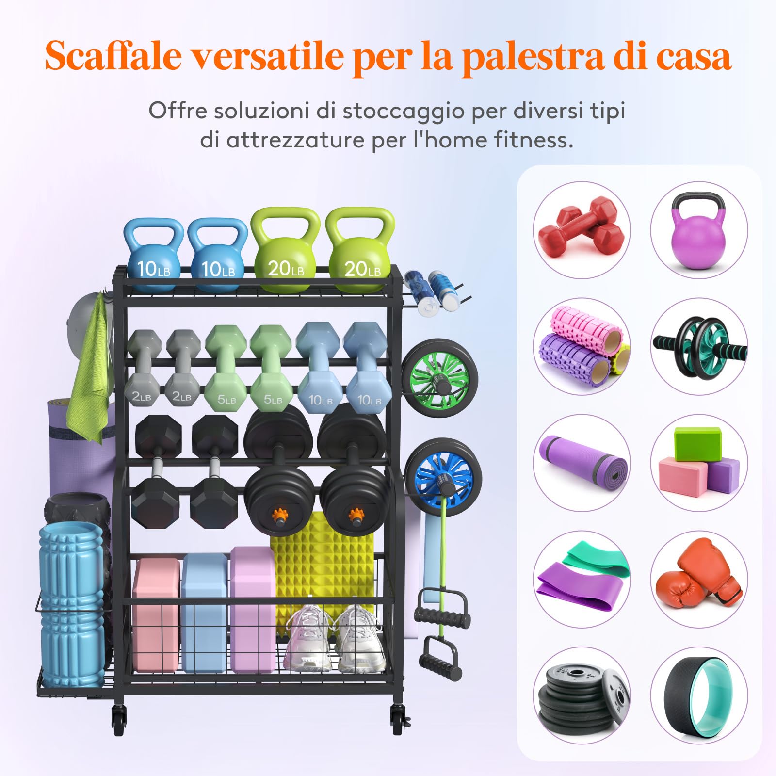 Lifewit Rastrelliera per Manubri con Ruote, per Kettlebell, Tappetini da Bodybuilding, Attrezzi per lo Yoga, per Palestra Domestica, Casa, Garage, Palestra Multiuso, 91 cm di Altezza