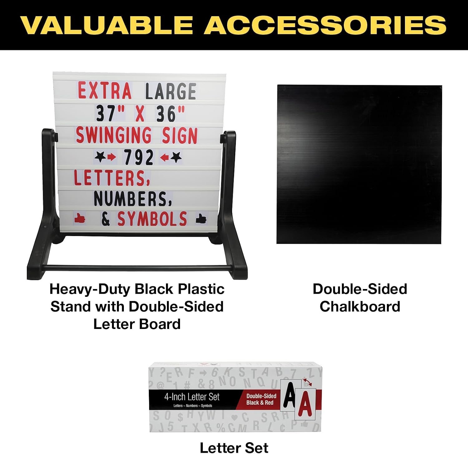 Excello Global Products Swinging Changable Message Sidewalk Sign: 37" x 36" Sign with 792 Pre-Cut Double Sided Letters and Storage Box. Includes Black Sign Board & 4 Liquid Chalkboard & Letter Board