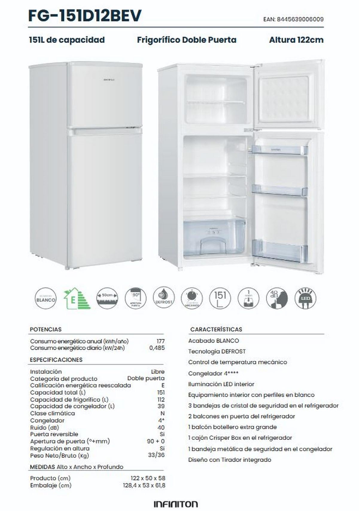 Frigorifico Dos Puertas Infiniton FG-151D12BEV, 151 Litros, 122 cm de Altura, Ancho de 50 cm, Ciclico, LED Interior, Regulación en altura, E, Blanco