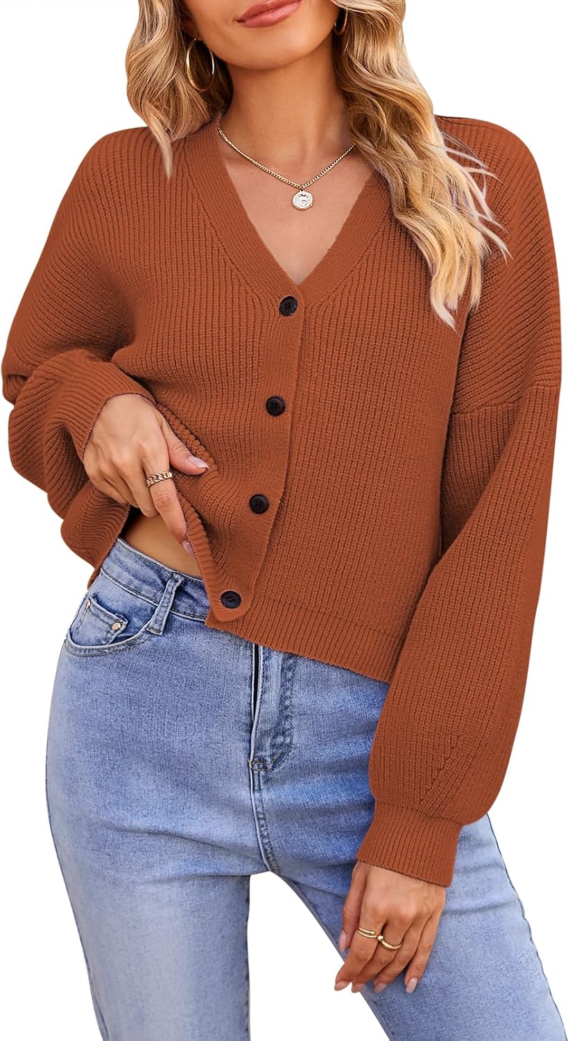 Pink Queen Women's 2025 Fall Button Down V Neck Batwing Long Sleeve Ribbed Knit Cropped Cardigan Sweater Top