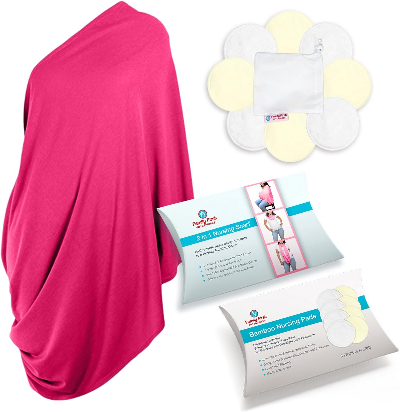 Breastfeeding Cover and Organic Bamboo Breastfeeding Pads (8 Pack) Multi-Use Infinity Nursing Cover, Baby Car Seat Canopy, Stroller Cover, High Chair and Shopping Cart Liner - Pink