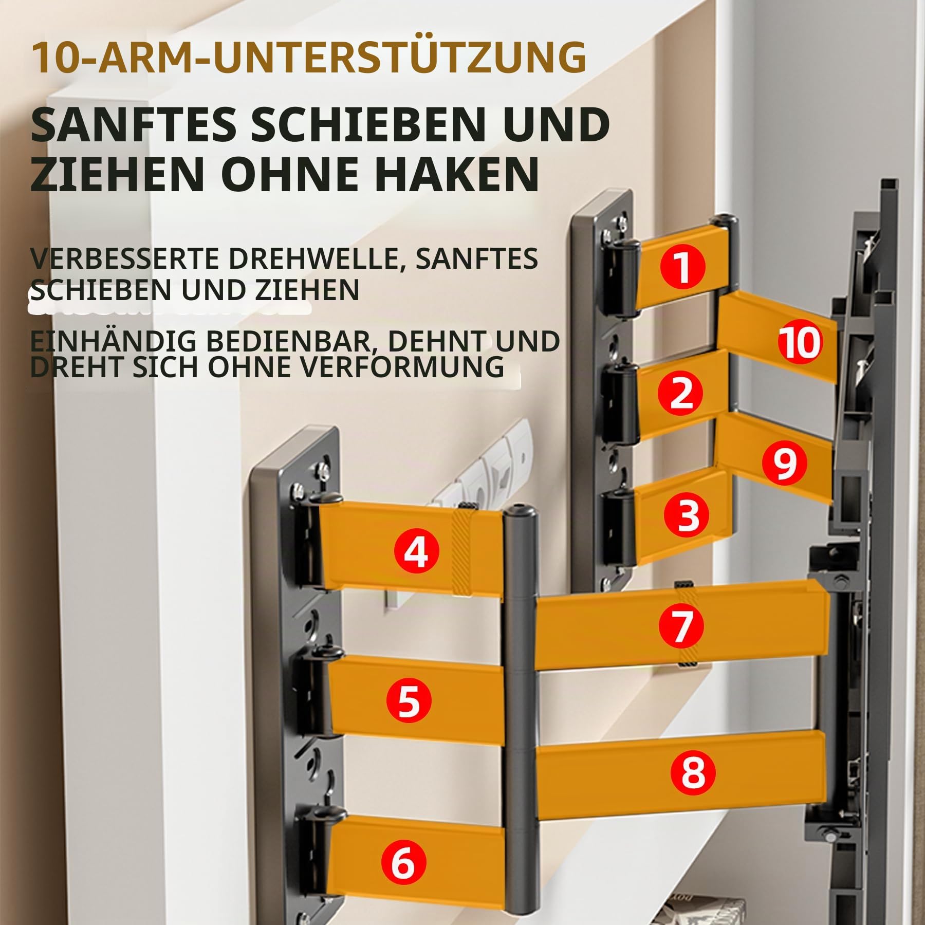 10 Armen TV Wandhalterung Schwenkbar bis 180 kg, Neigbar Ausfahren Wandhalterung für 70-120 Zoll TVs, Vollbeweglich mit geteilter Wandplatte, VESA 800x600 mm