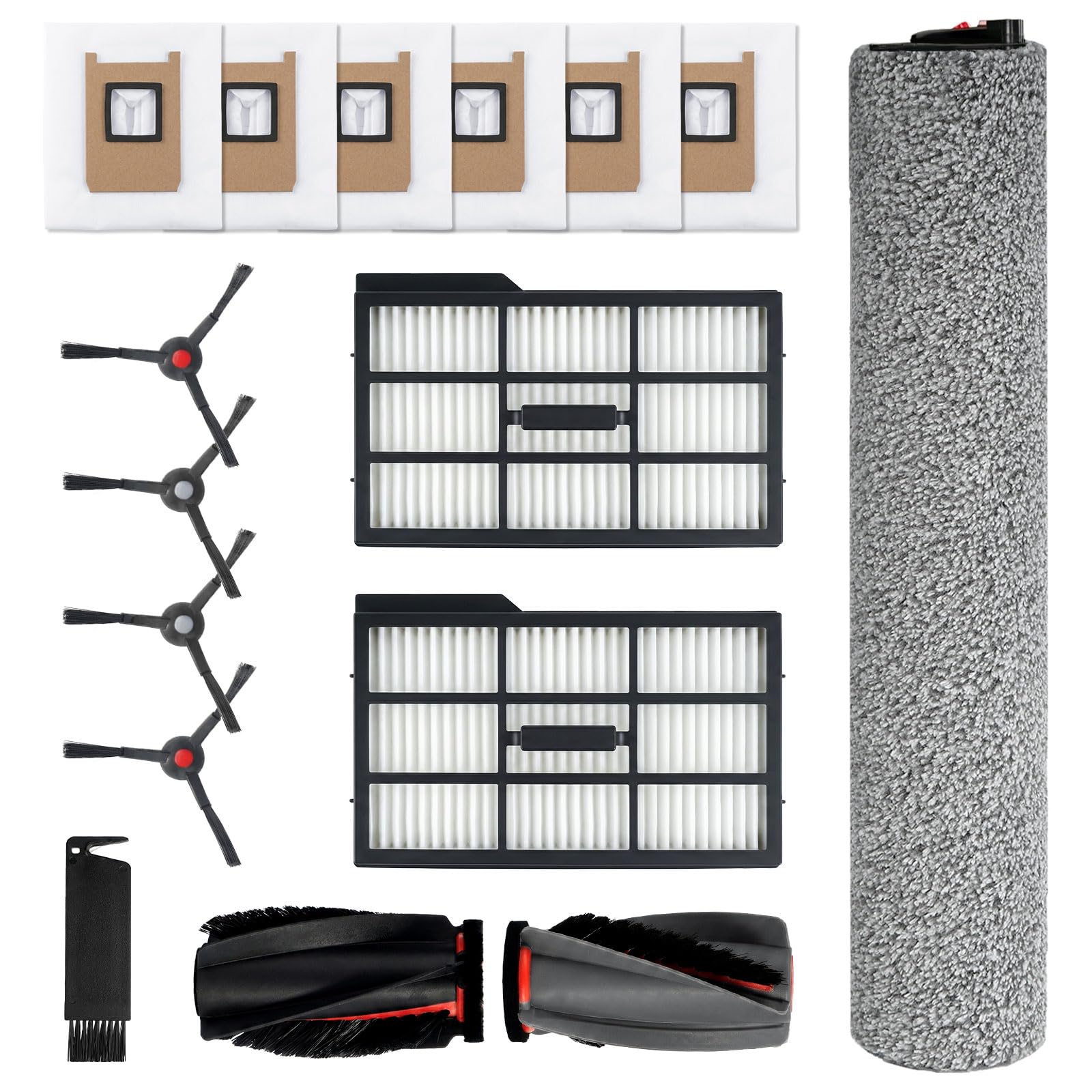 16 Pack Accessories Kit for Eufy E25 Accessories for eufy E25 Omni / E28 Omni Robot Vacuum Cleaner,1 Main Brush,1 Roller Mop,4 Side Brushes,2 HEPA Filters,6 Replacement Dust Bags,1 Cleaning Tools