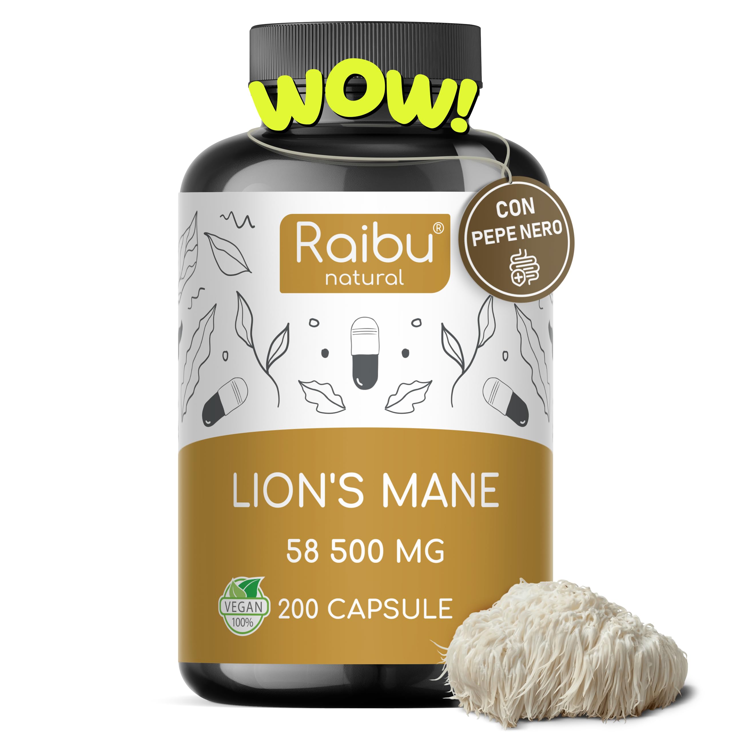 Lions Mane 58.500 mg (Estratto 30:1) Capsule - Per il Cervello, il Benessere e l’Umore - Hericium Erinaceus, Vitamina C e Pepe Nero - 30% Polisaccaridi, 5% Beta-Glucani - Raibu