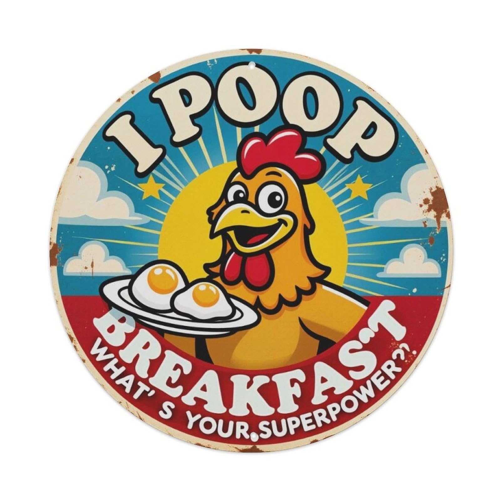 Funny Cartoon Chicken Eggs Breakfast Retro Round Sign Vintage Aluminium Metal Sign, Retro Wall Decor for Home, Bar, Garage & Farmhouse 20x20cm